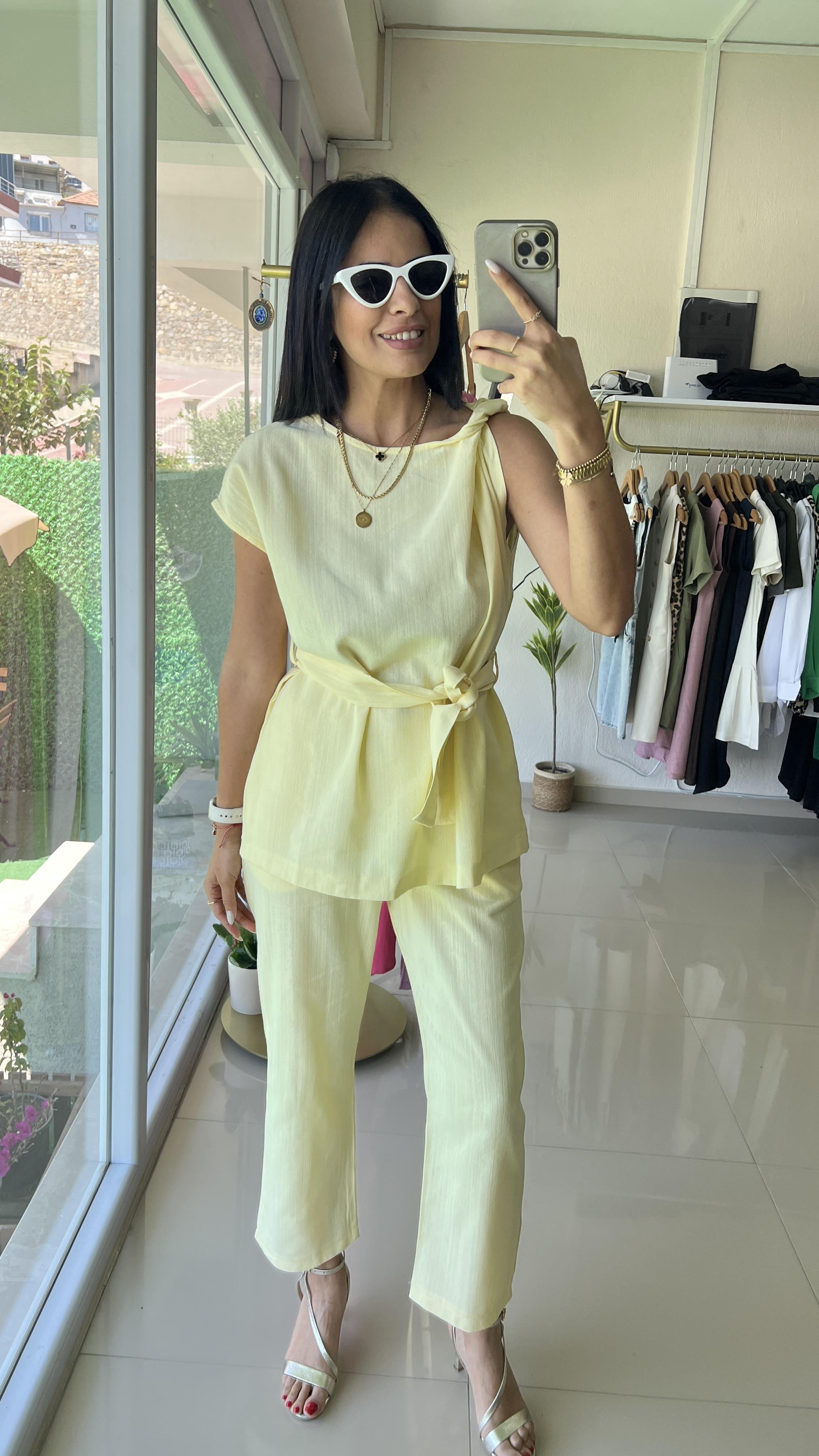 8644  KETEN KUMAŞ KUŞAKLI TAKIM SARI