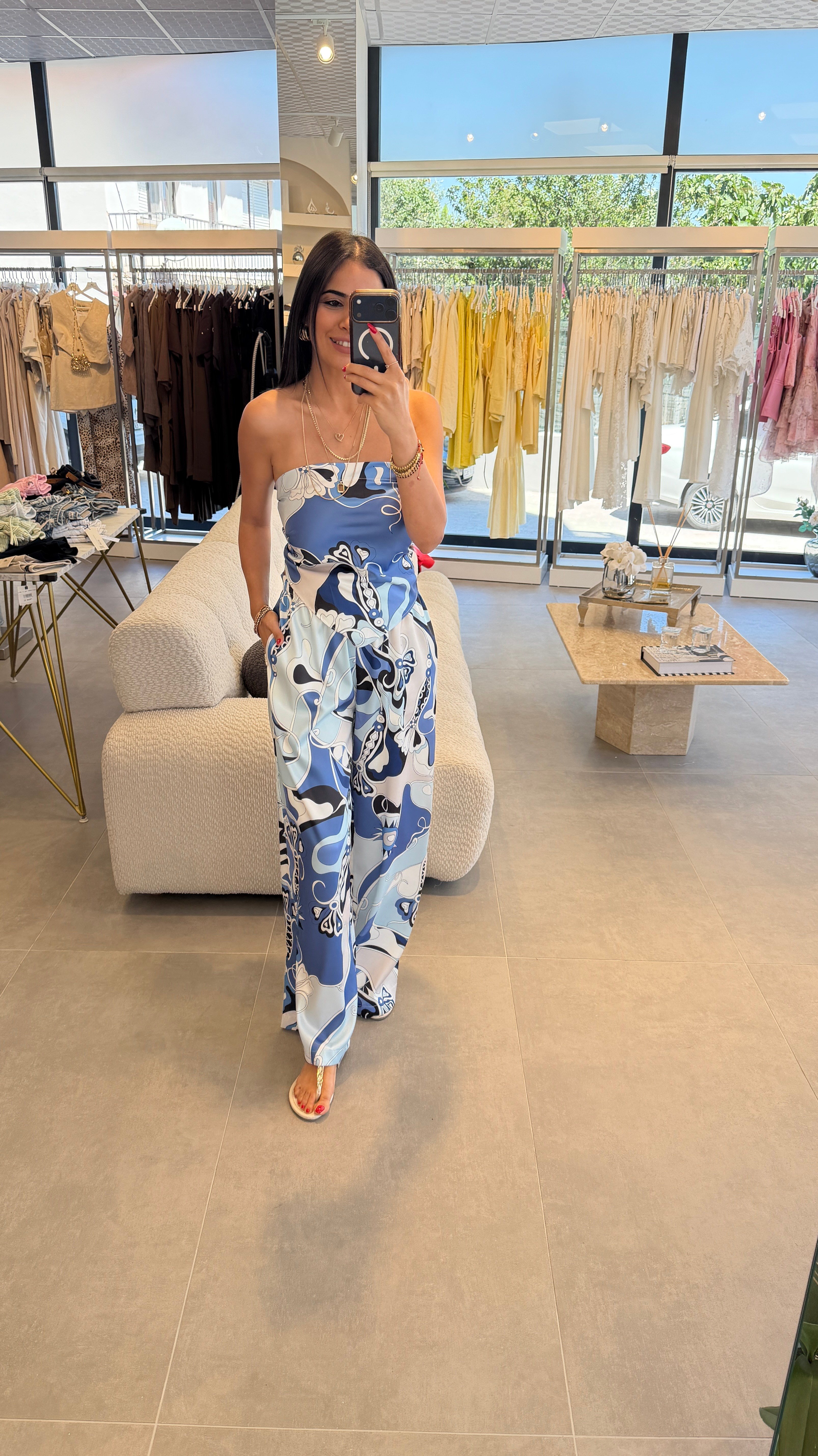 BAĞLAMNALI FLAR BLUZ PANTOLON TAKIM MAVİ