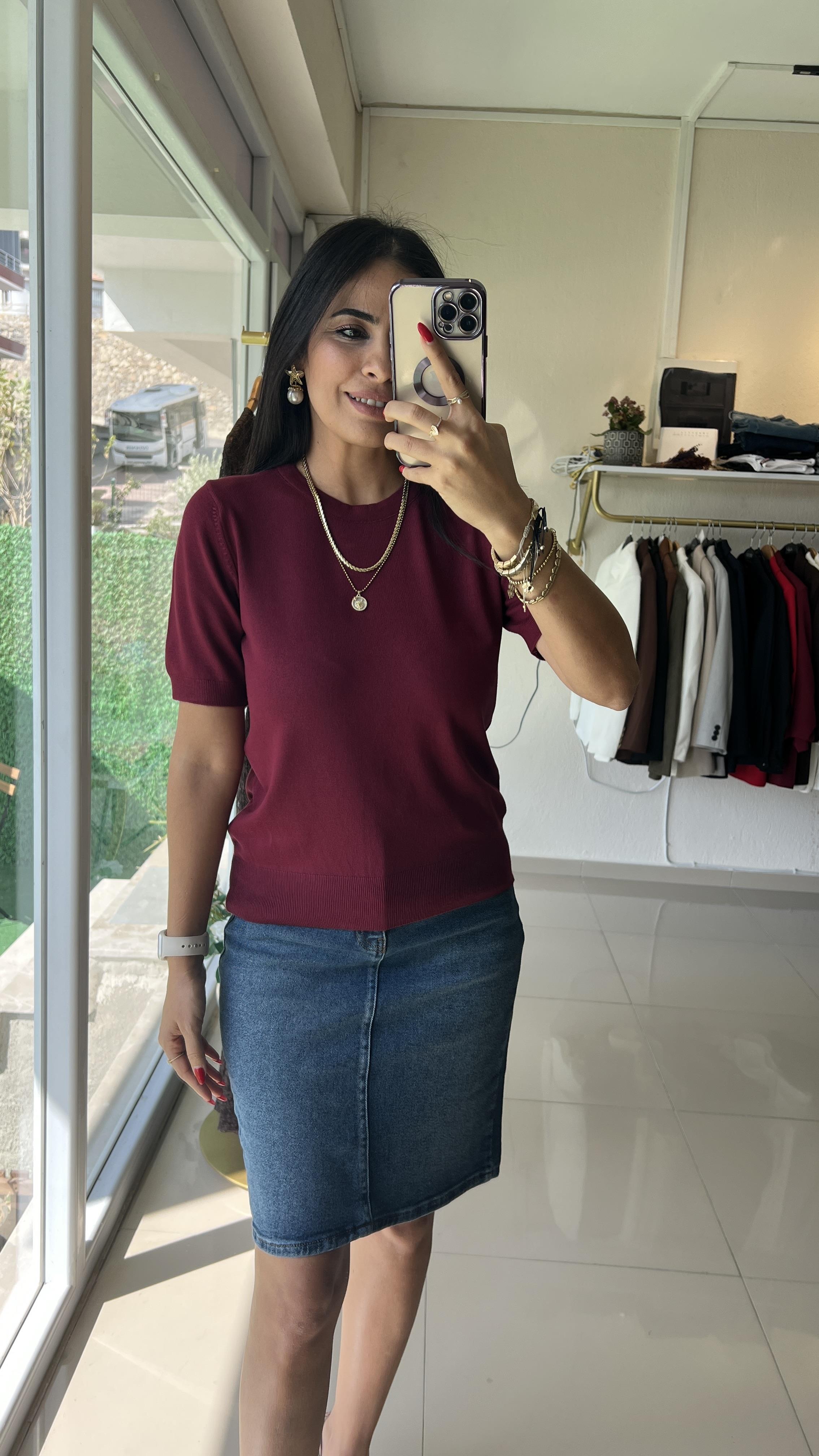 Bisiklet Yaka Kısa Kol Basic Triko Bluz Bordo 10779