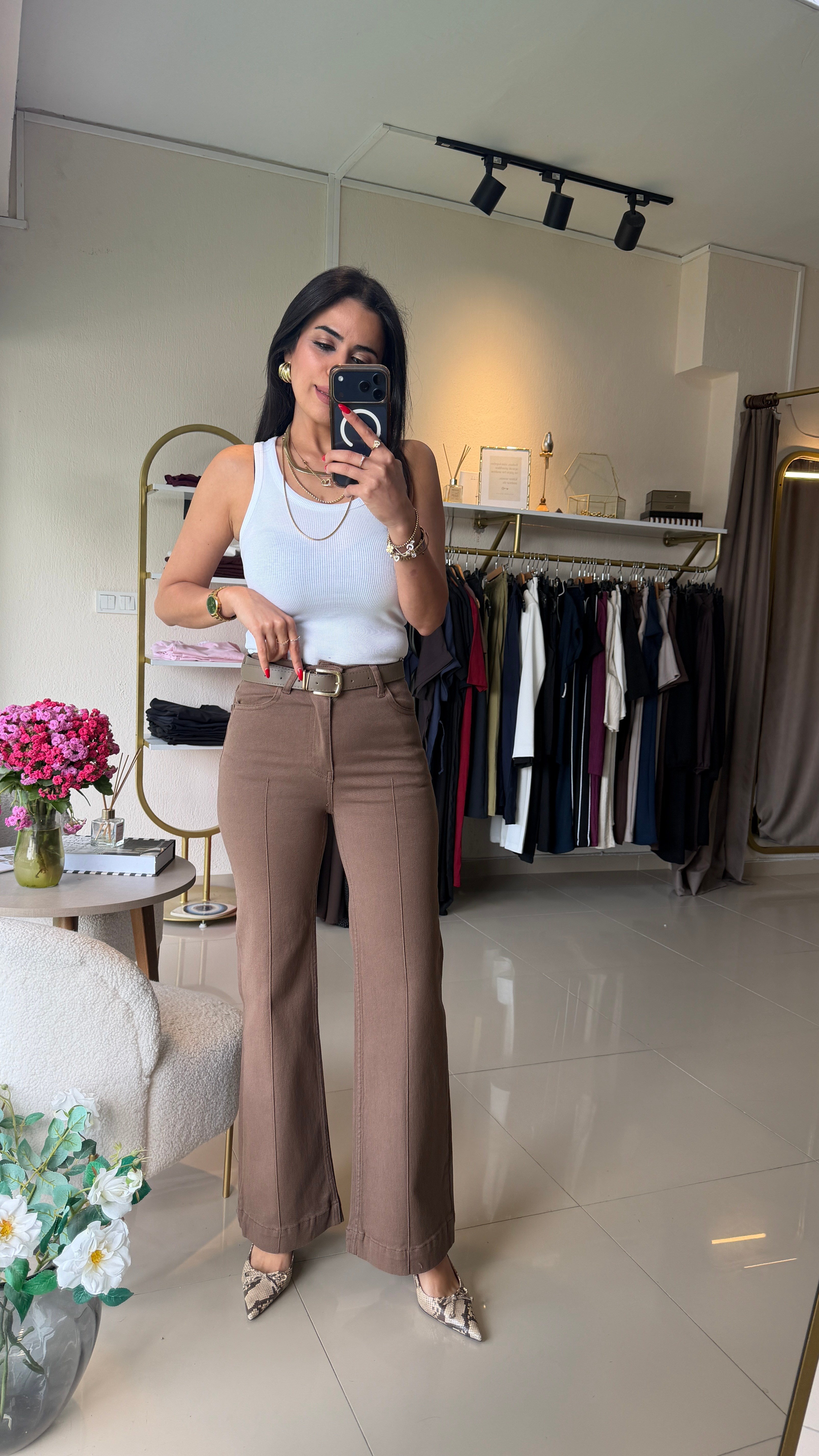 Çımalı Kemerli Kot Pantolon Vizon
