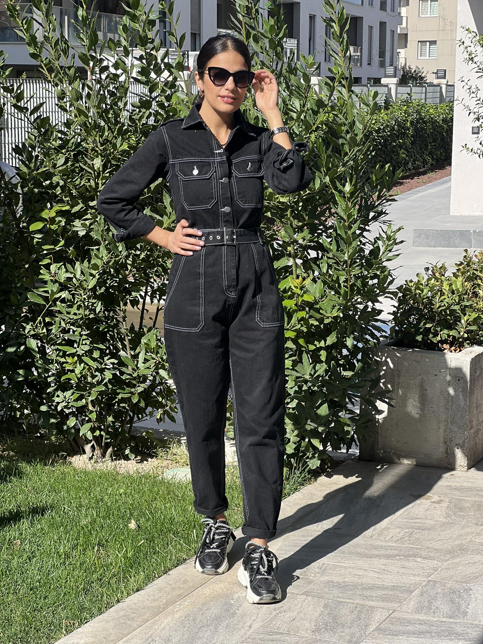 Denim Tulum Lacivert Düğme Detay