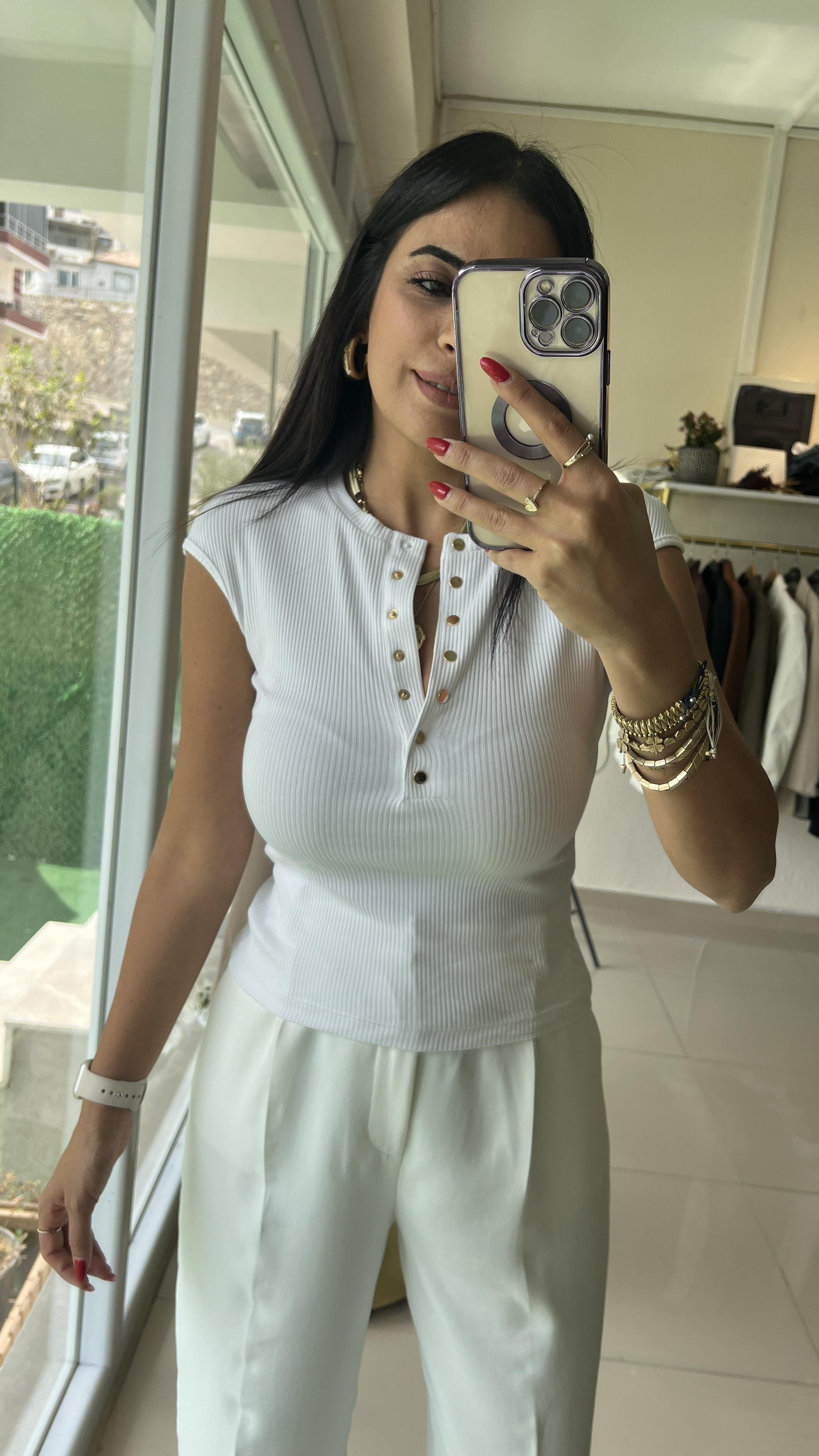 Düğmeli Kısa Kollu Top-Beyaz 31887