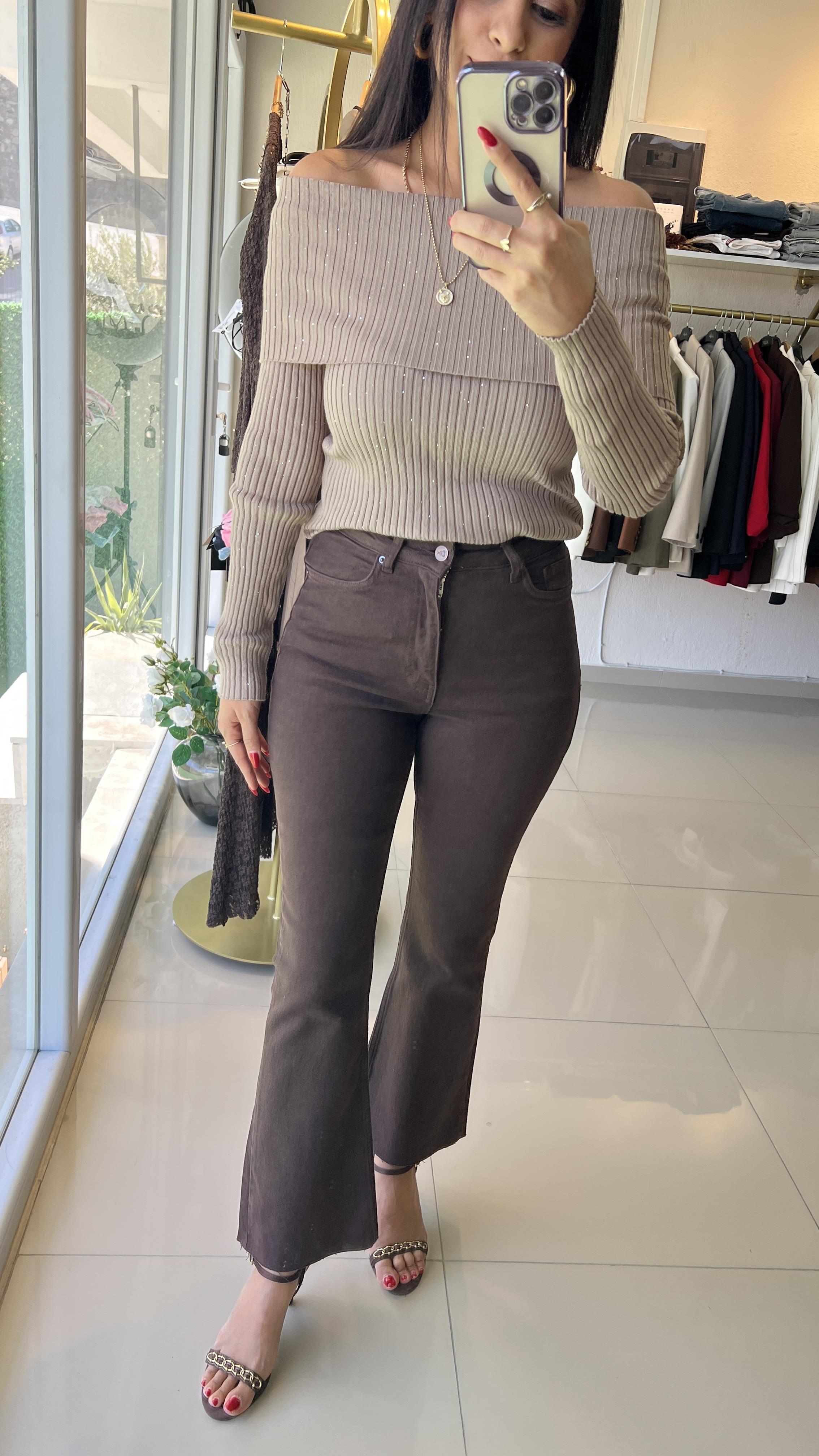 FULL LİKRALI, TOPARLAYICI , YÜKSEK BEL , PAÇASI KESİK ,FLARE JEAN,  KAHVE 1706-78
