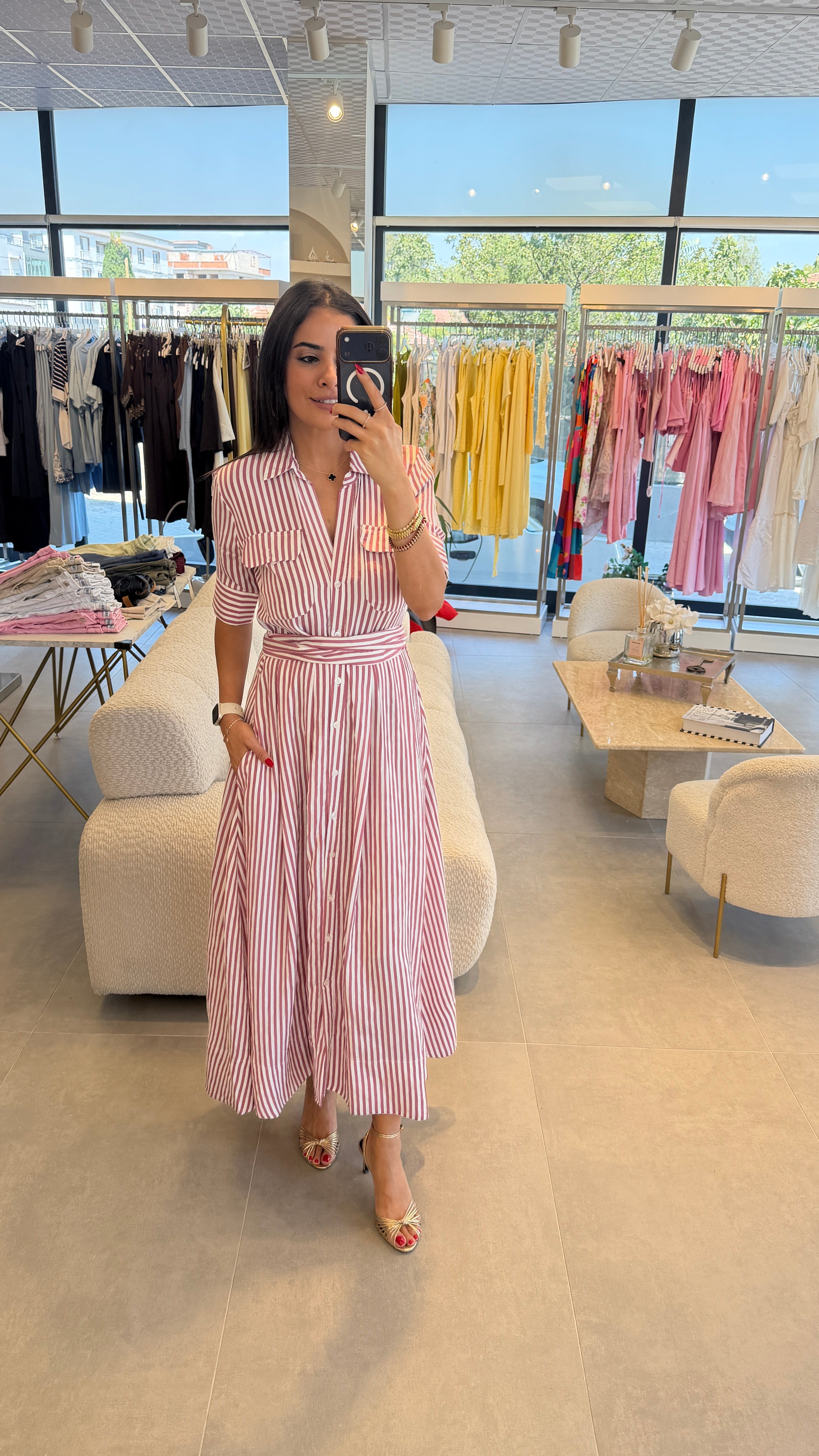 GÖMLEK YAKA UZUN ELBİSE PEMBE