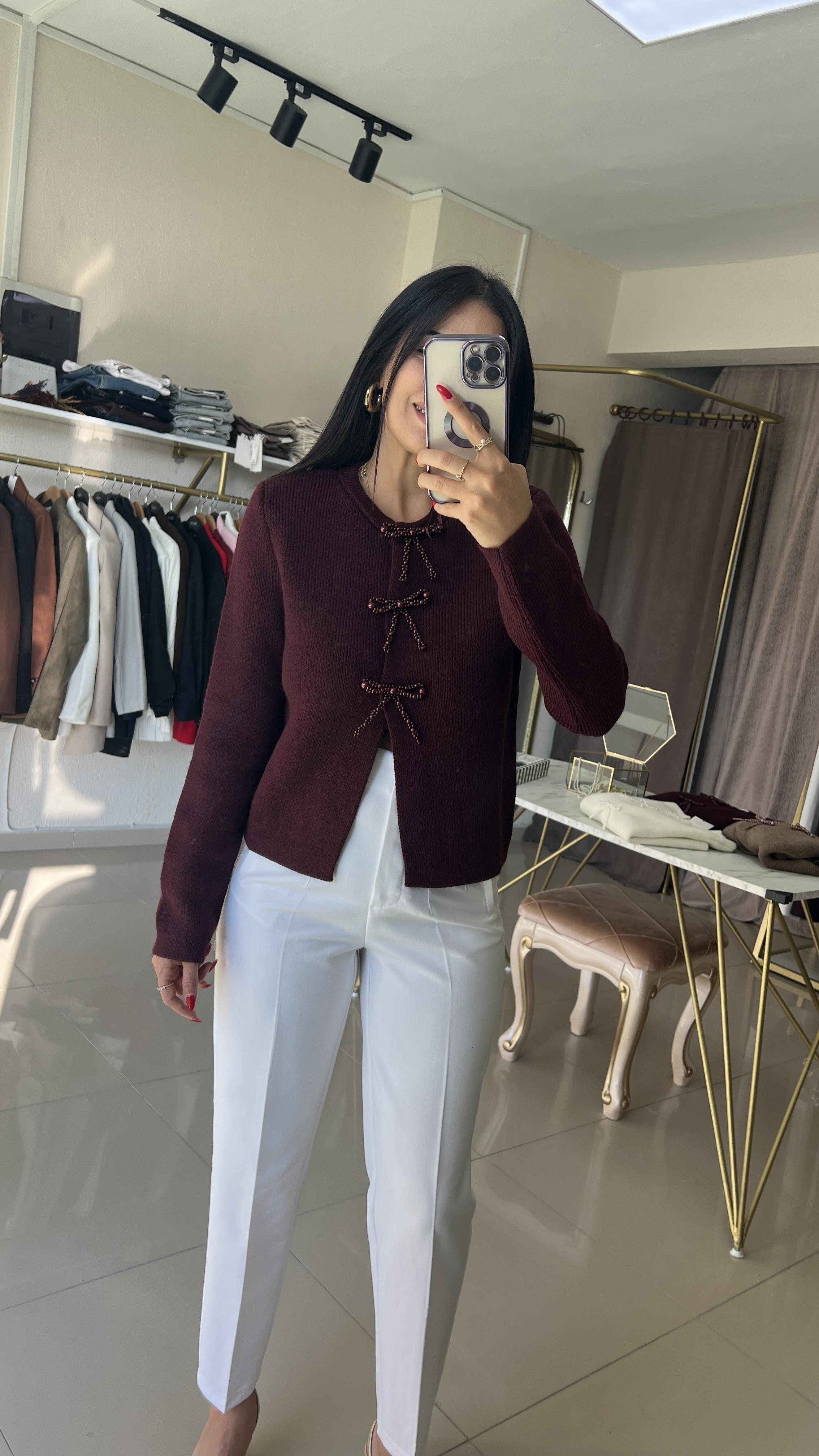 İncili Fiyonk Aksesuarlı Triko Hırka-Bordo 60983