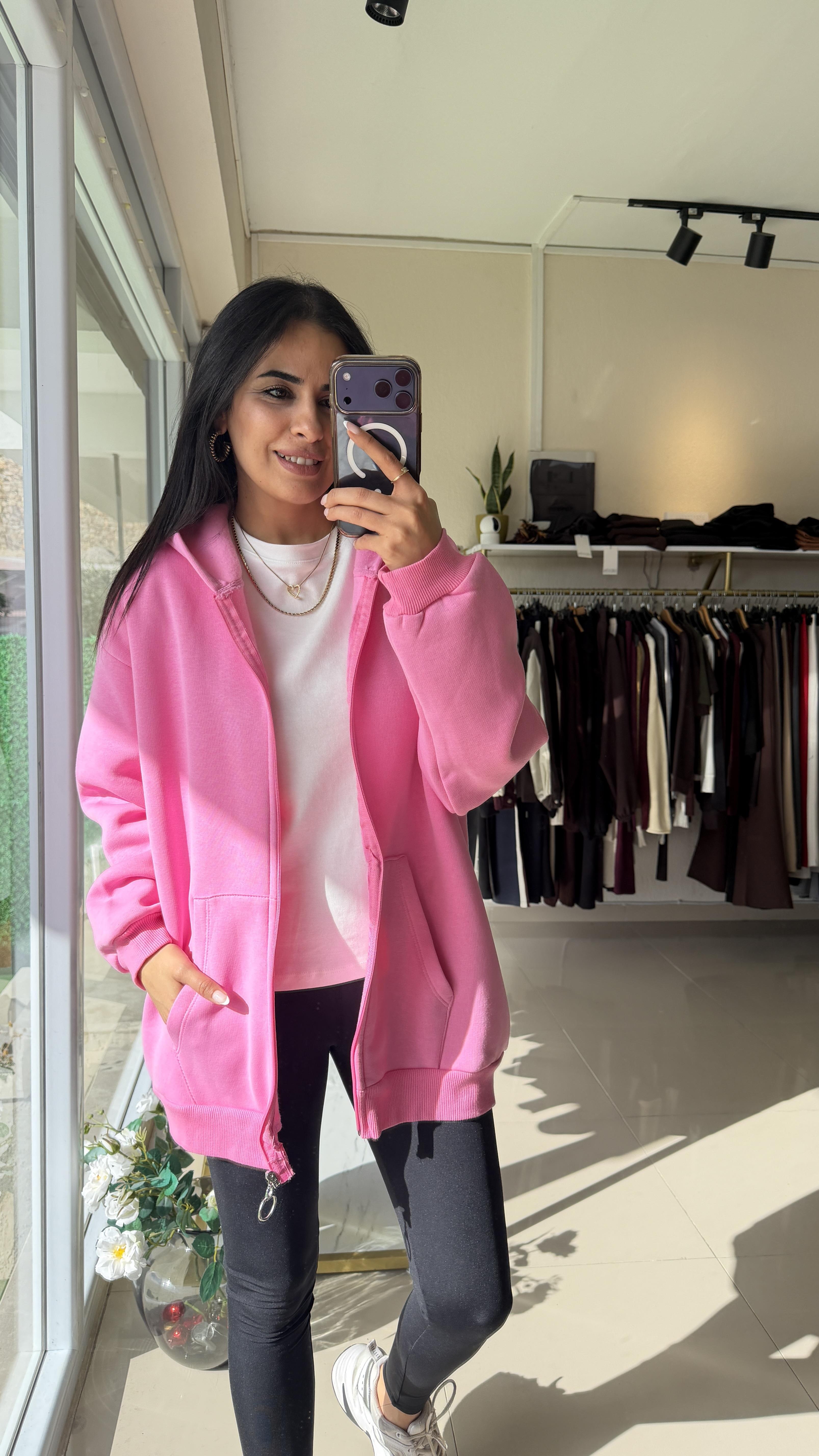 KAPİŞONLU FERMUARLI PAMUK KUMAŞ SWEAT PEMBE