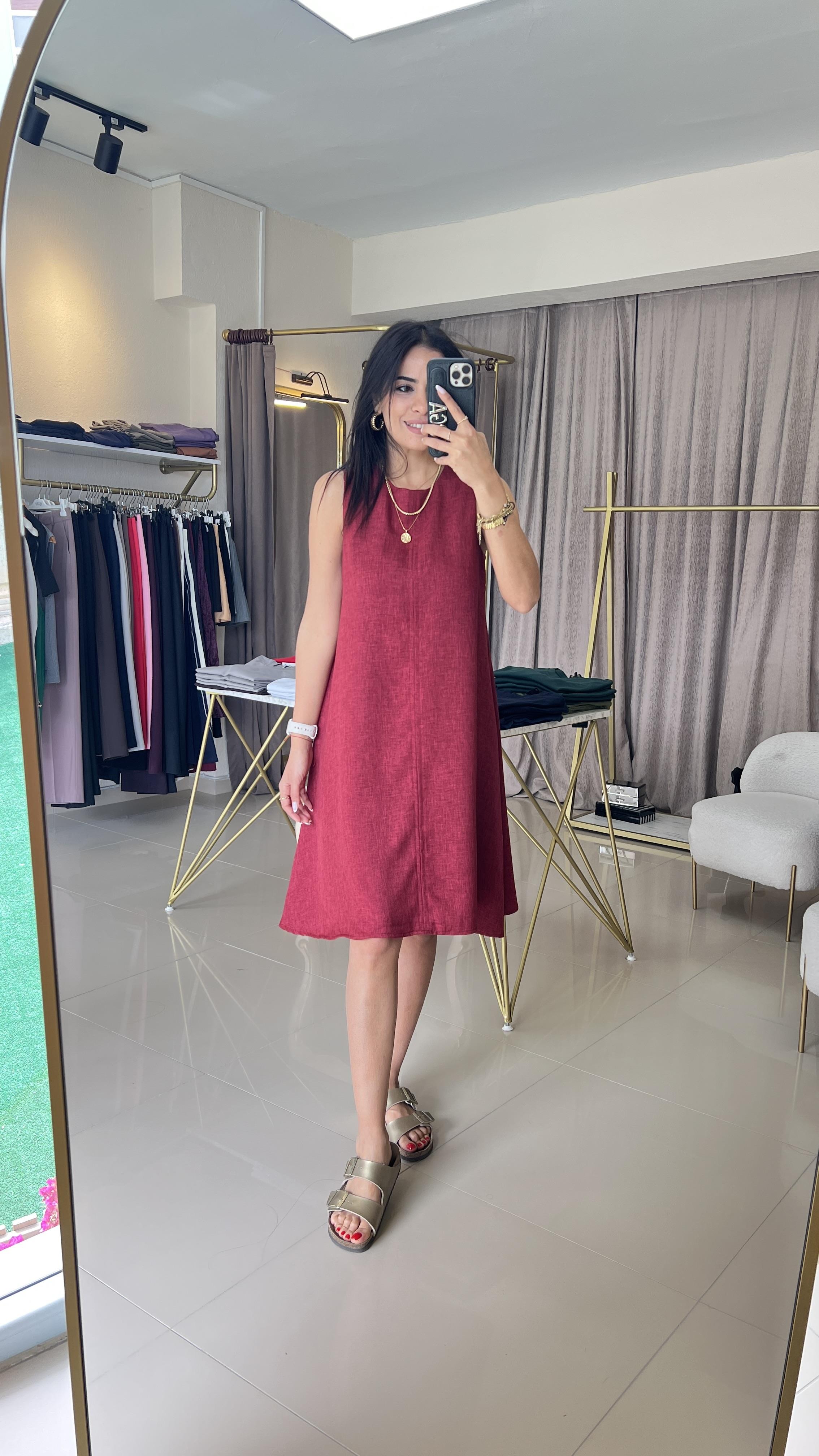 KETEN KUMAŞ ÇAN ELBİSE BORDO
