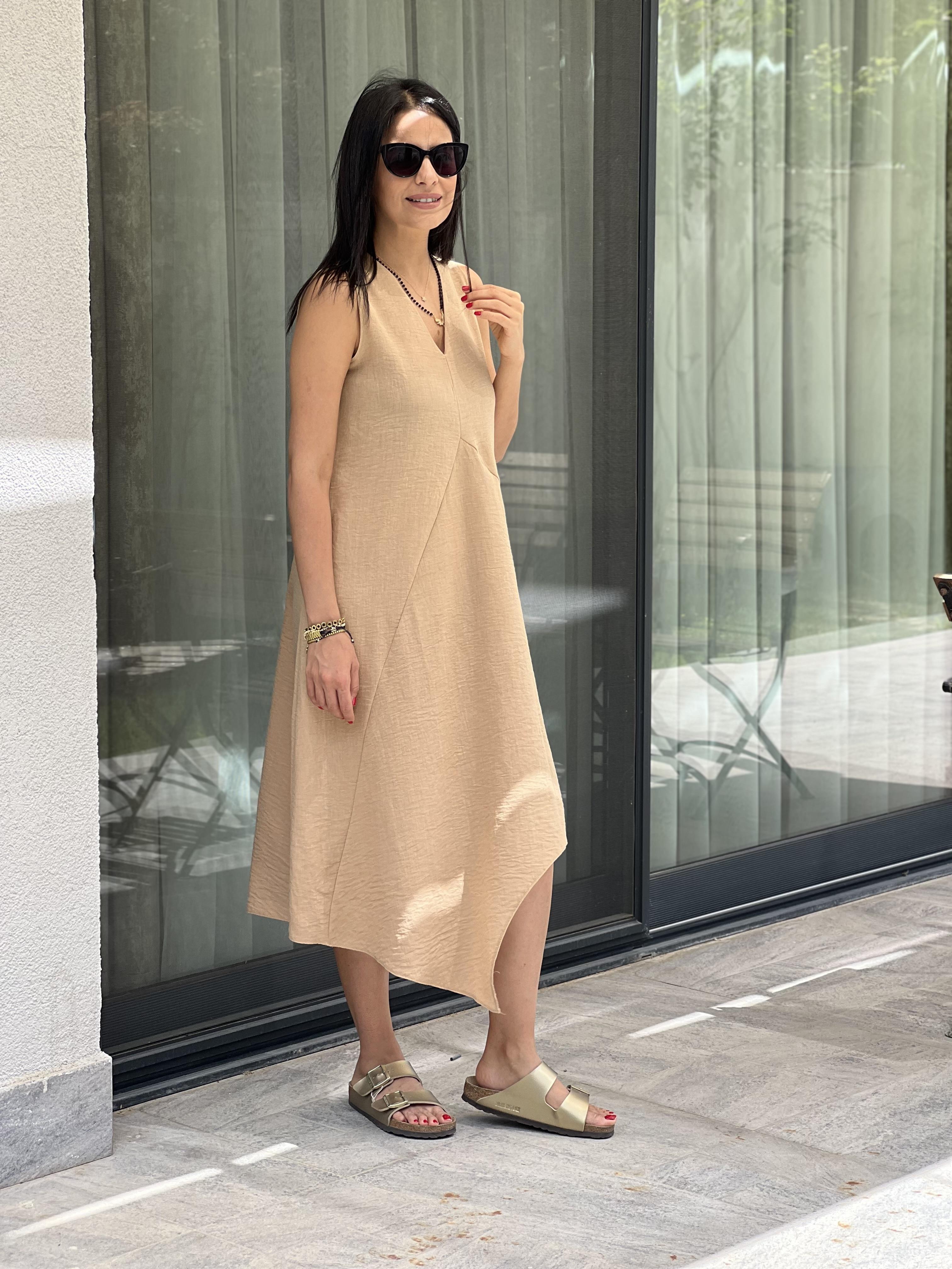 Keten Verev Kesim Elbise Camel