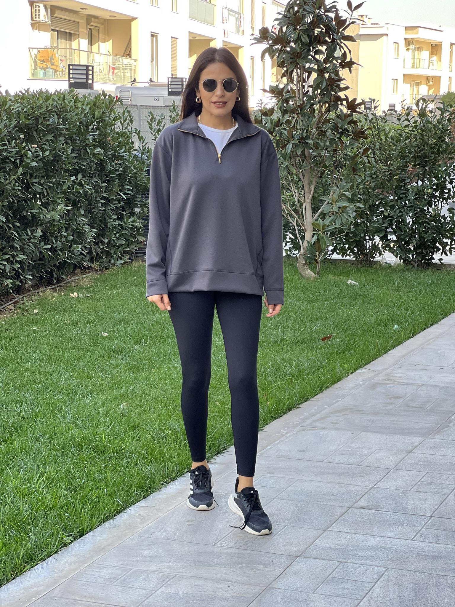 MODAL KUMAŞ FERMUAR YAKA SWEAT ANTRASİT