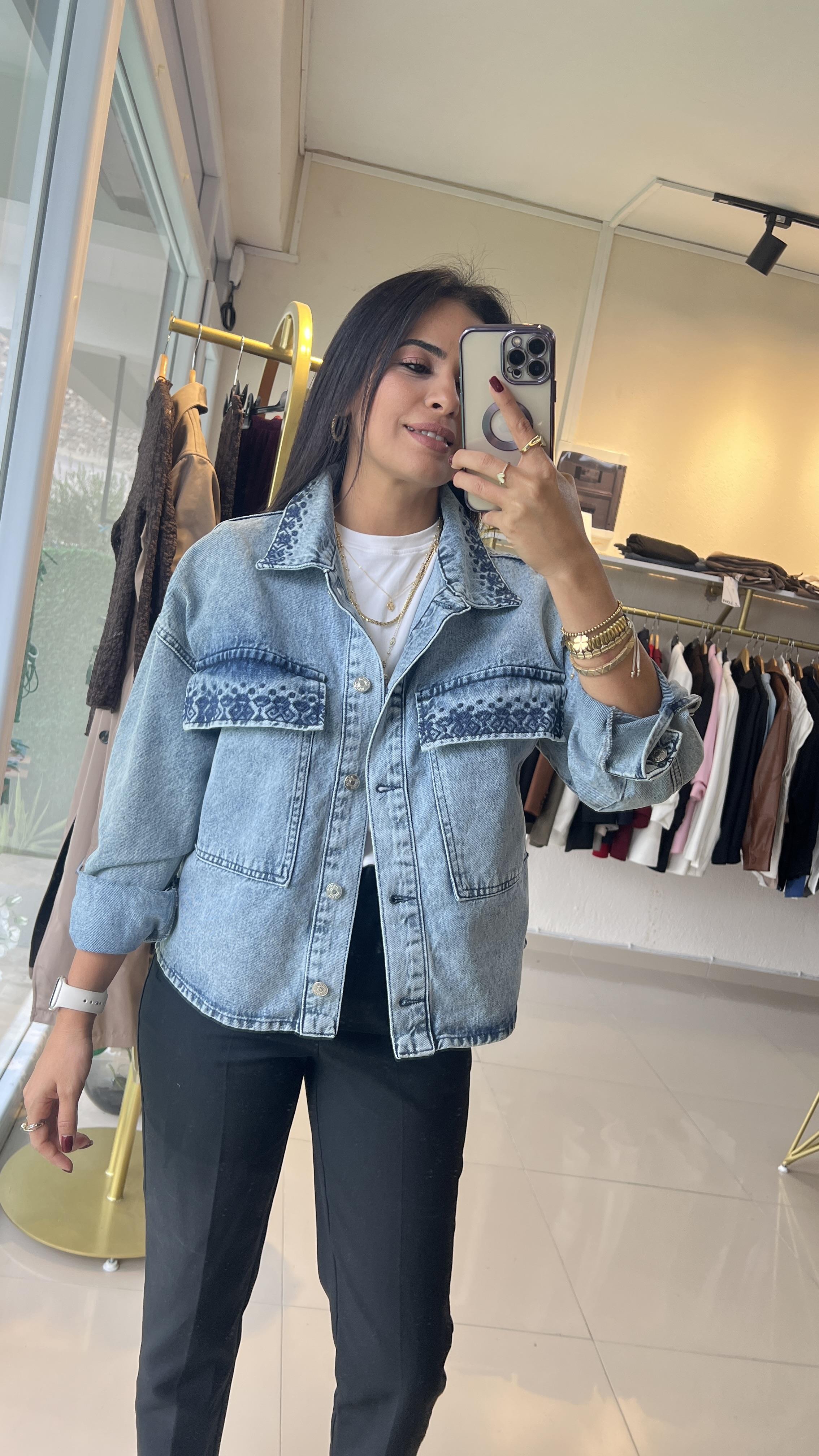 Nakış Detaylı Denim Kot Ceket Mavi 5846