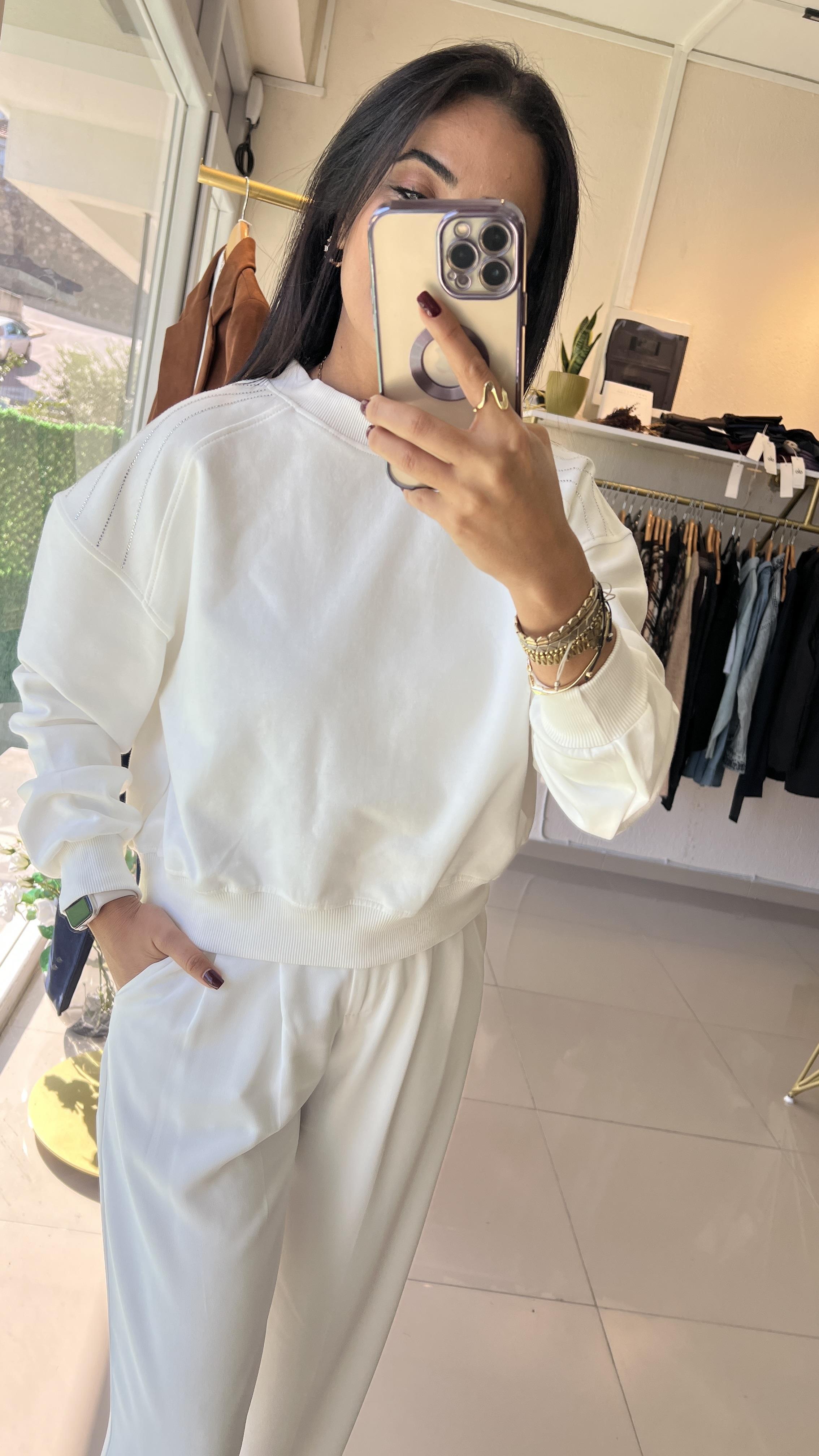OMUZLARI TAŞLI RİBANALI SWEAT BEYAZ 1071