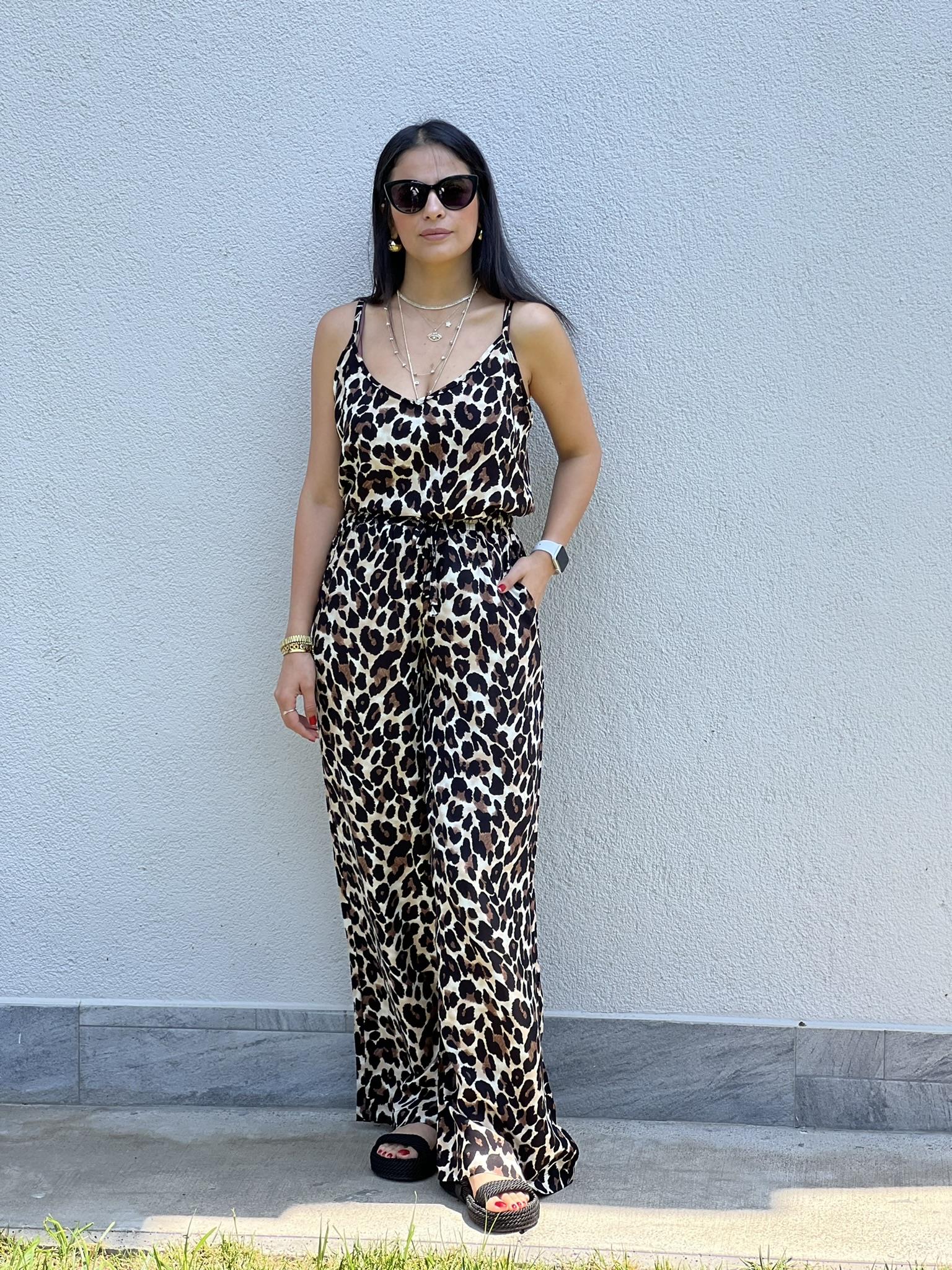 Siyah Leopar Desen Askılı Bluz Pantolon Takım 24Y986109