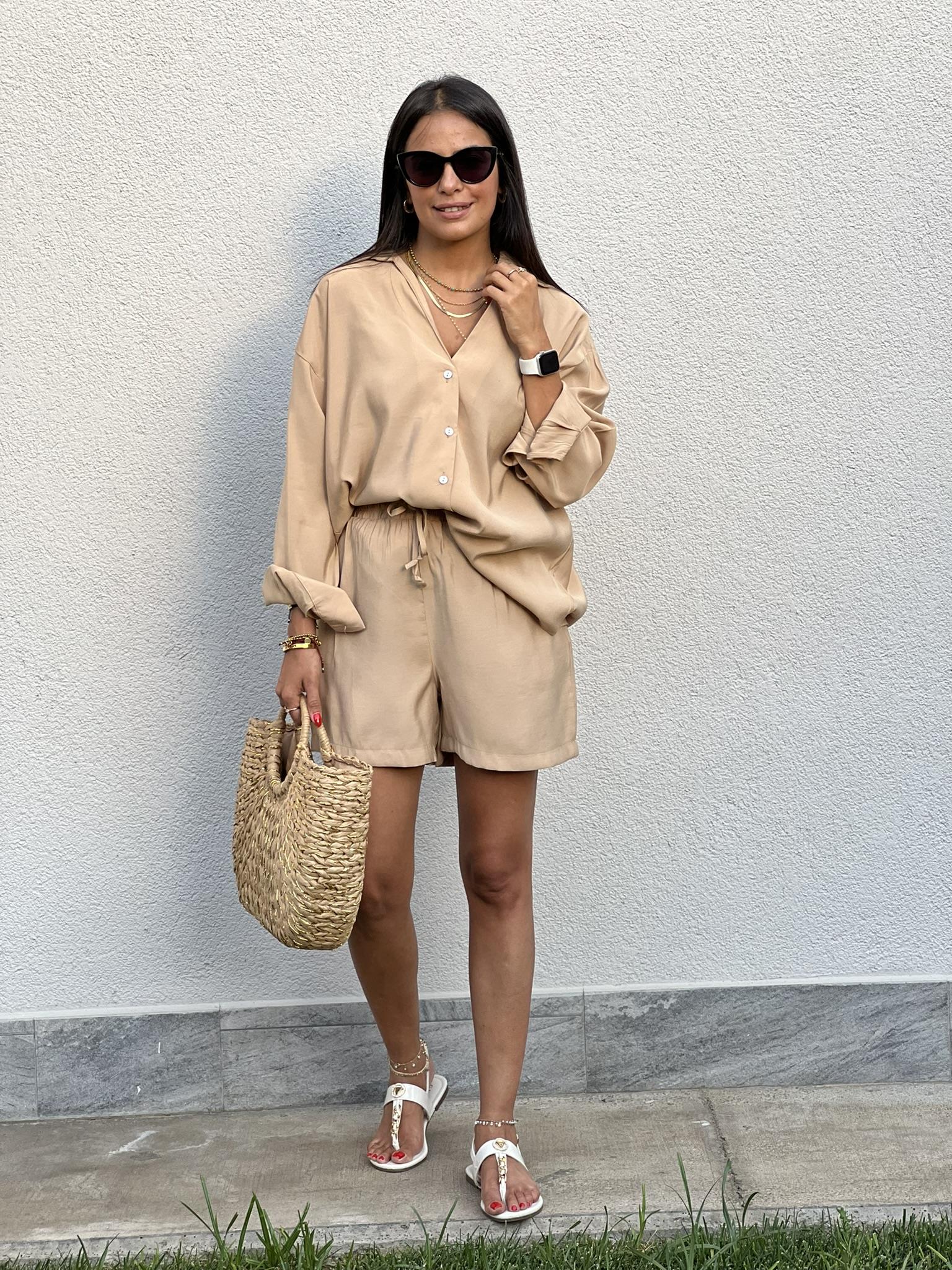 TENCEL KUMAŞ GÖMLEK ŞORT TAKIM CAMEL