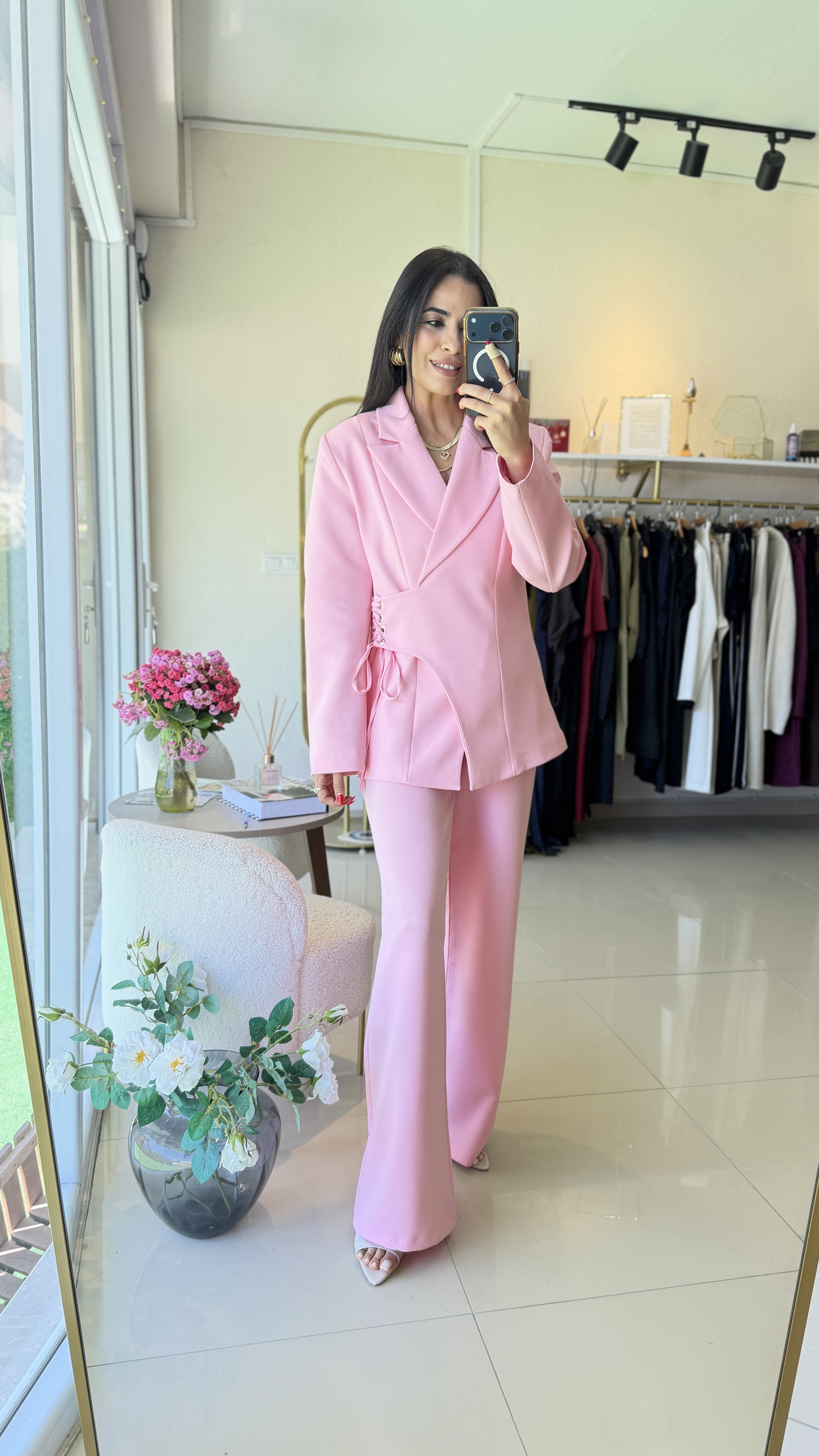 Yandan Kuşgözü Bağlama Detaylı Ceket Pantolon Takım PEMBE
