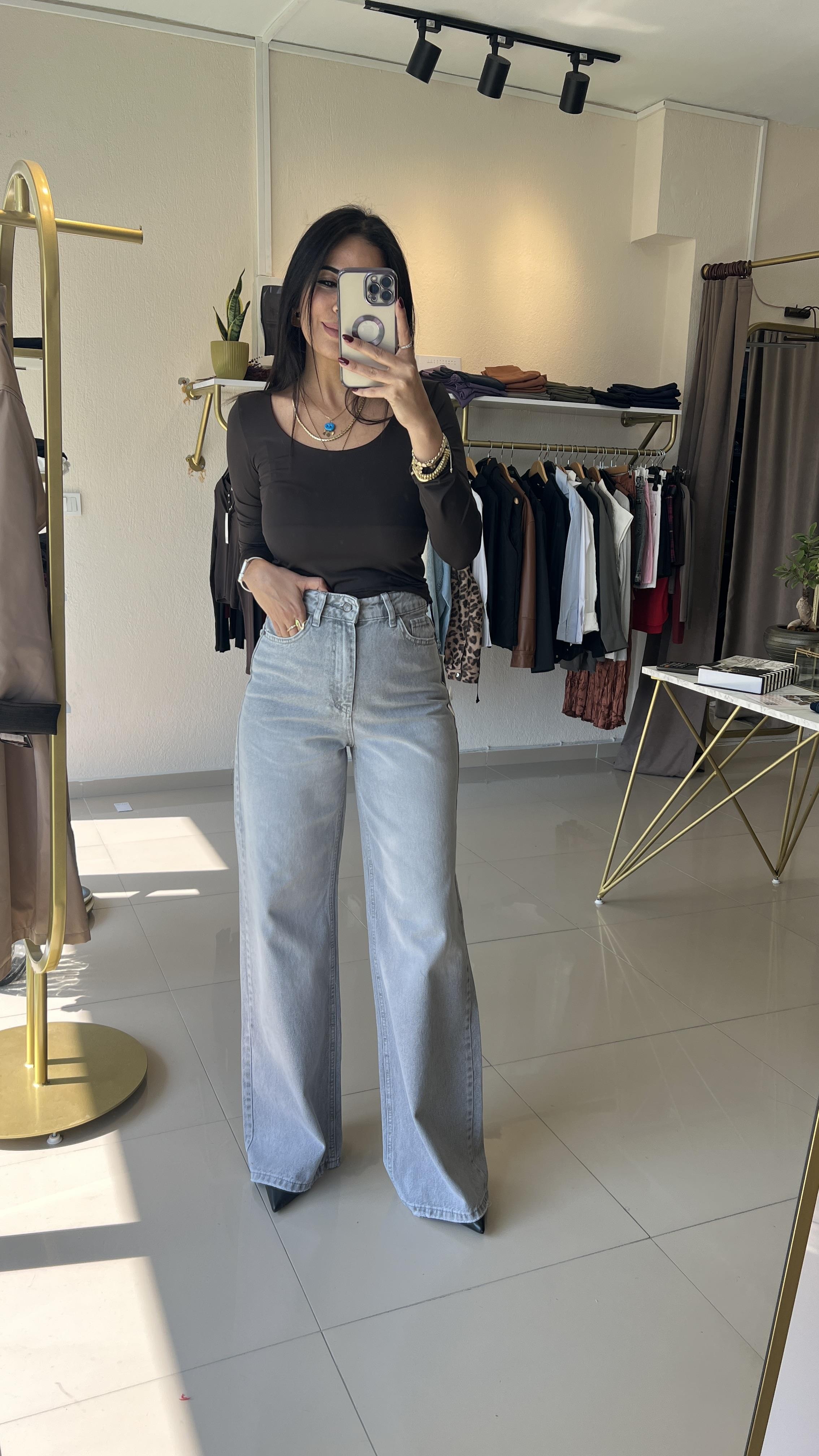Yüksek Bel Geniş Paça Jean (Wide Leg) Gri