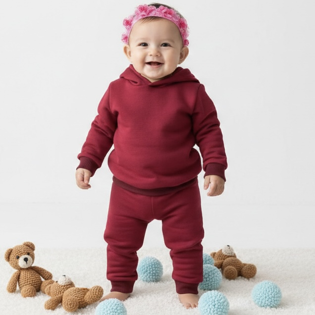 3 İplik Şardonsuz Kapşonlu Bebek Eşofman Takımı