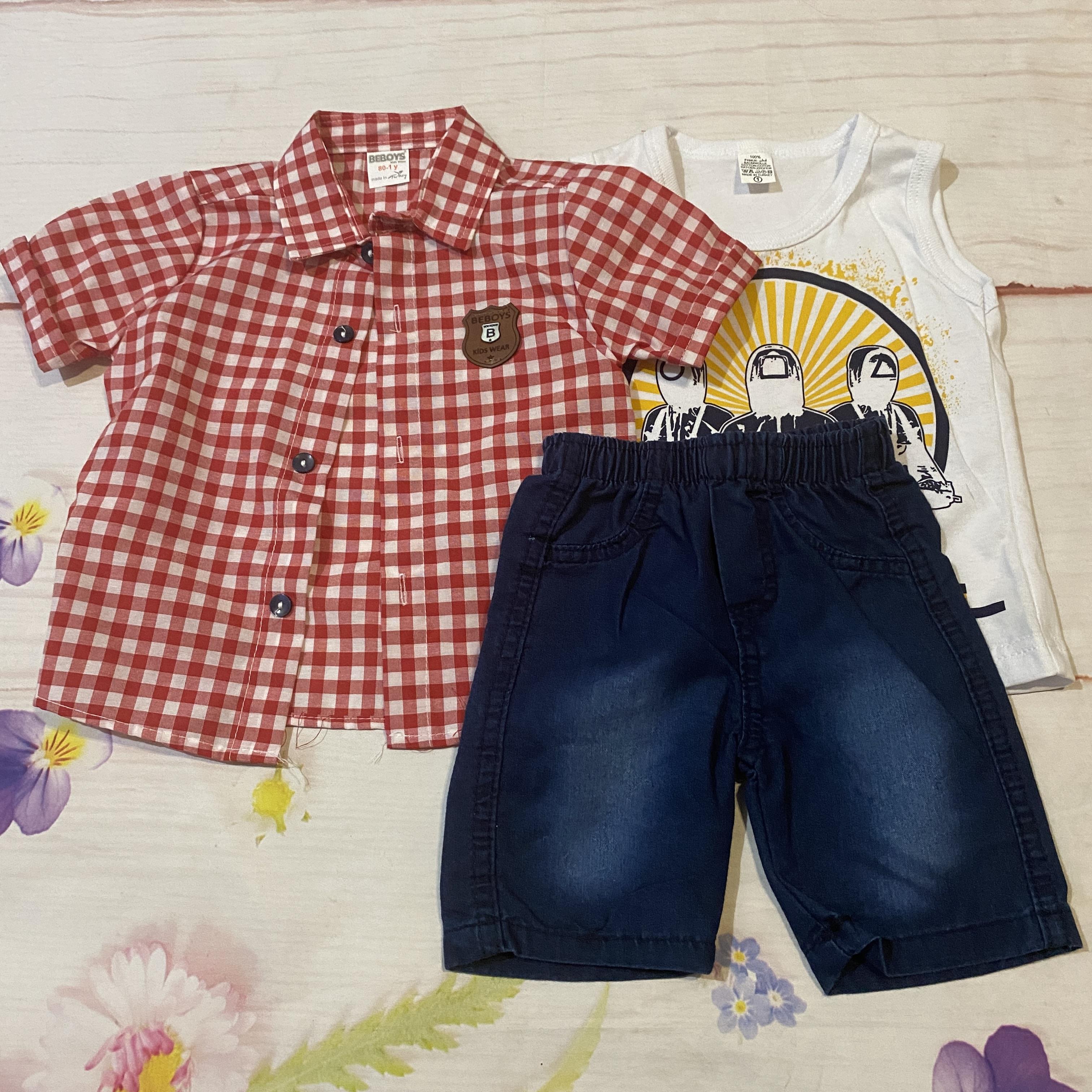 Gömlekli Tişörtlü 3'lü Şort Takımı