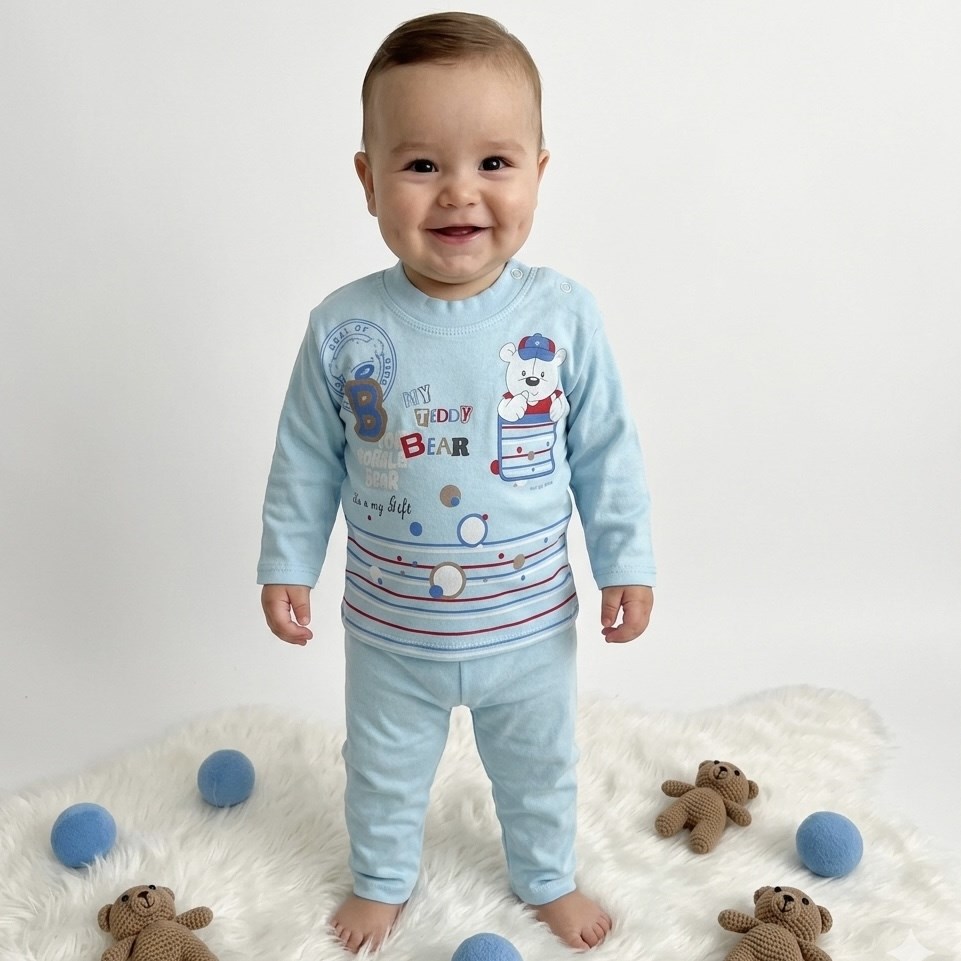 Omuzdan Çıtçıtlı Baskılı Bebek Takımı 6-9 Ay