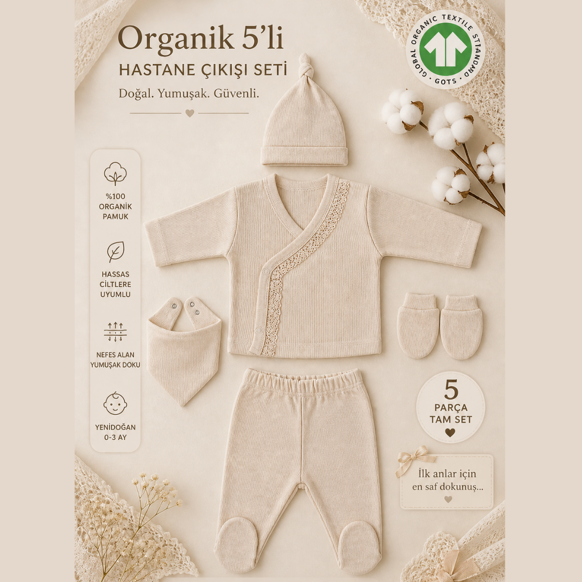 Organik Dantel Işlemeli 5'li Hastane Çıkışı Seti – Bej %100 Pamuk Premium Yenidoğan