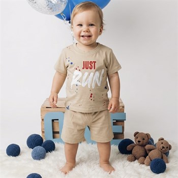 Krem Baskılı Yazlık Şort Takımı 6 Ay-3 Yaş