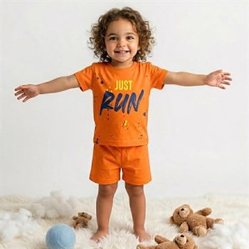Turuncu Baskılı Yazlık Şort Takımı 6 Ay-3 Yaş