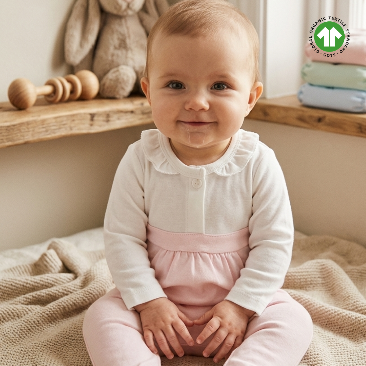 %100 Organik Bebek Takımı Detay Işlemeli Yakalı Çıtçıtlı Body ve Patikli Pantolon Seti Pembe