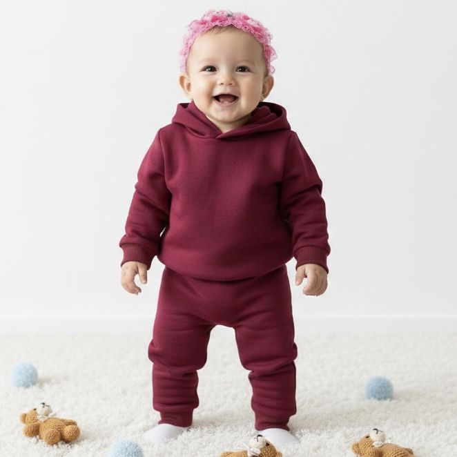 3 İplik Şardonsuz Kapşonlu Bebek Eşofman Takımı