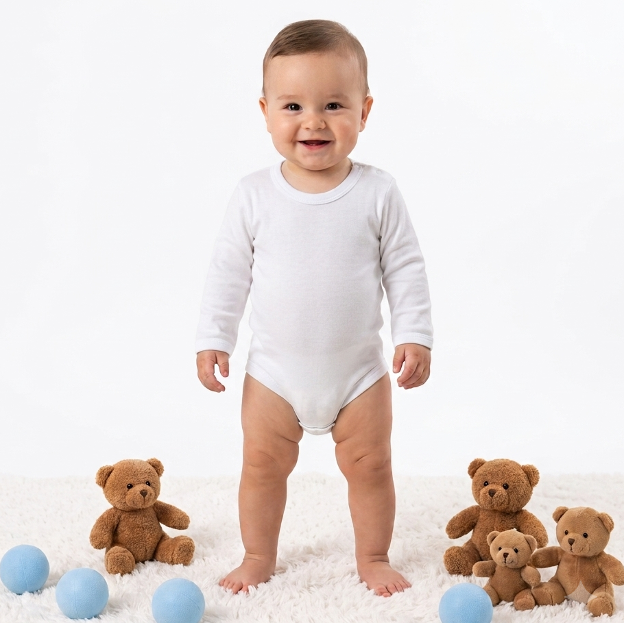 Beyaz Uzun Kollu Bebek Çıtçıtlı Badi 0-3-6-9-12 Ay
