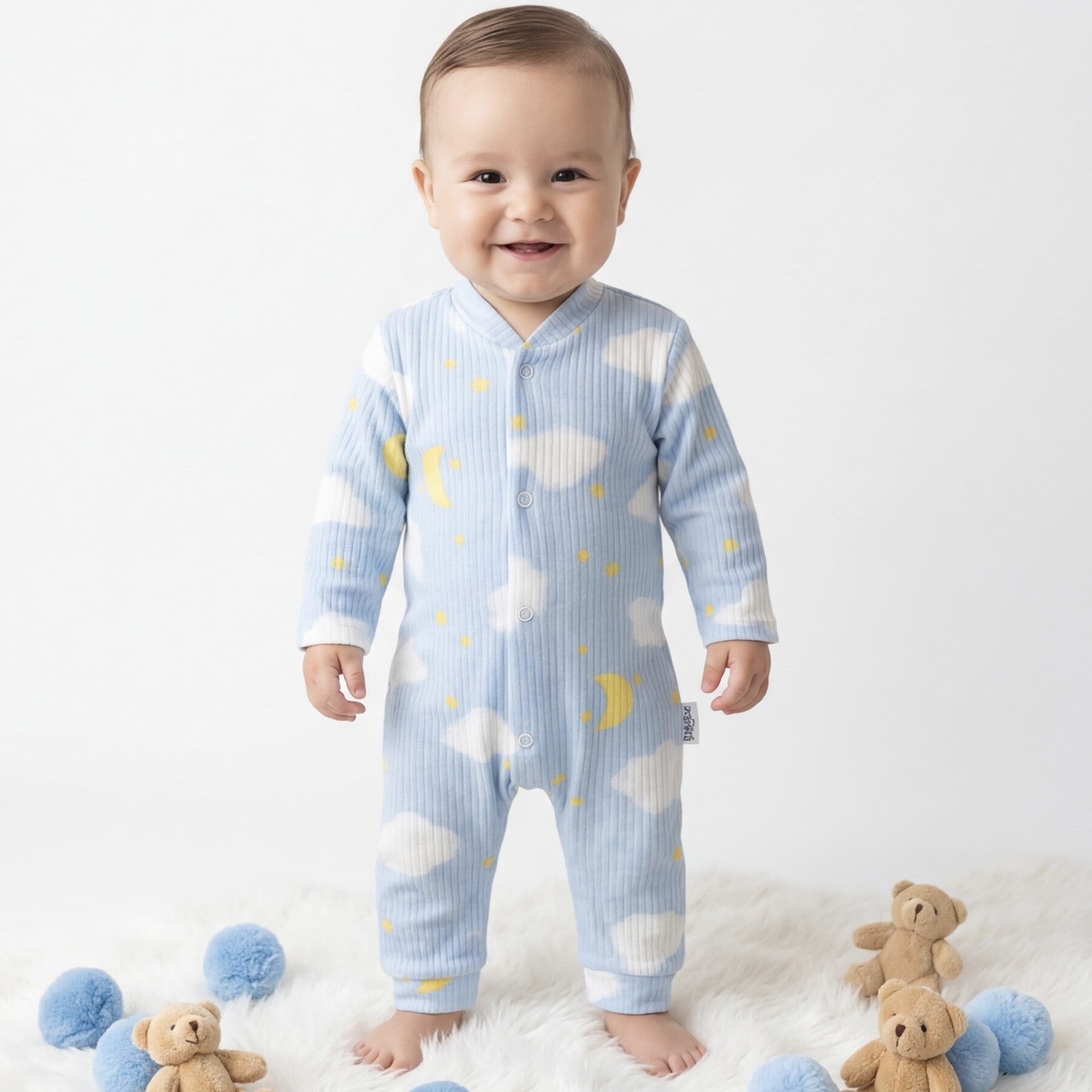 Bulut Baskılı Önden Çıtçıtlı Tulum 0-3-6 Ay