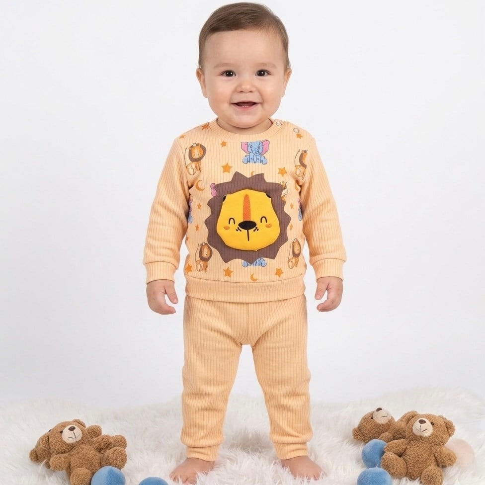 Kabartmalı Aslan İşlemeli Bebek Takımı 3-6-9 Ay