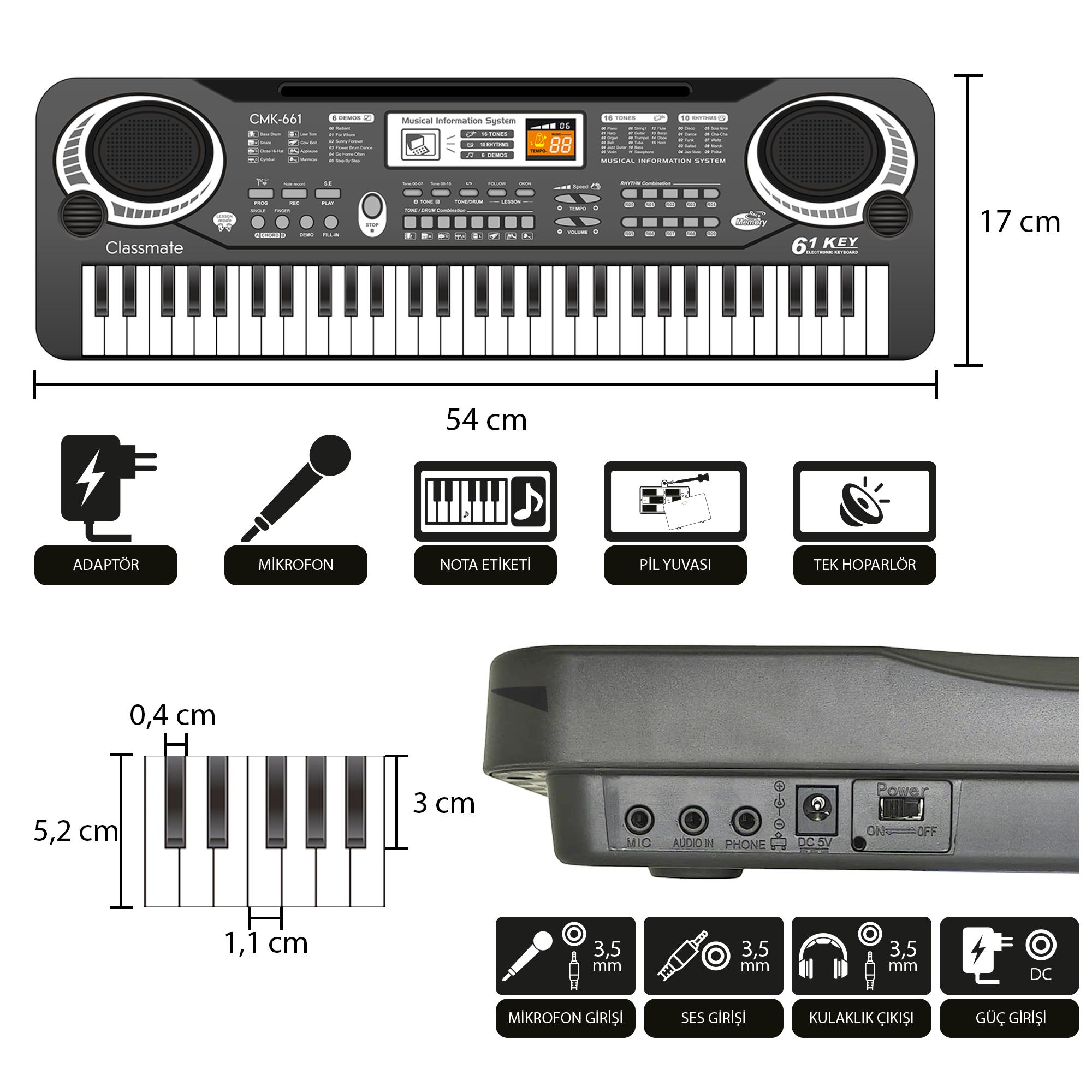 Classmate CMK-661 61 Tuşlu Elektronik Org (Adaptör, Mikrofon ve Nota Etiketi Hediye)