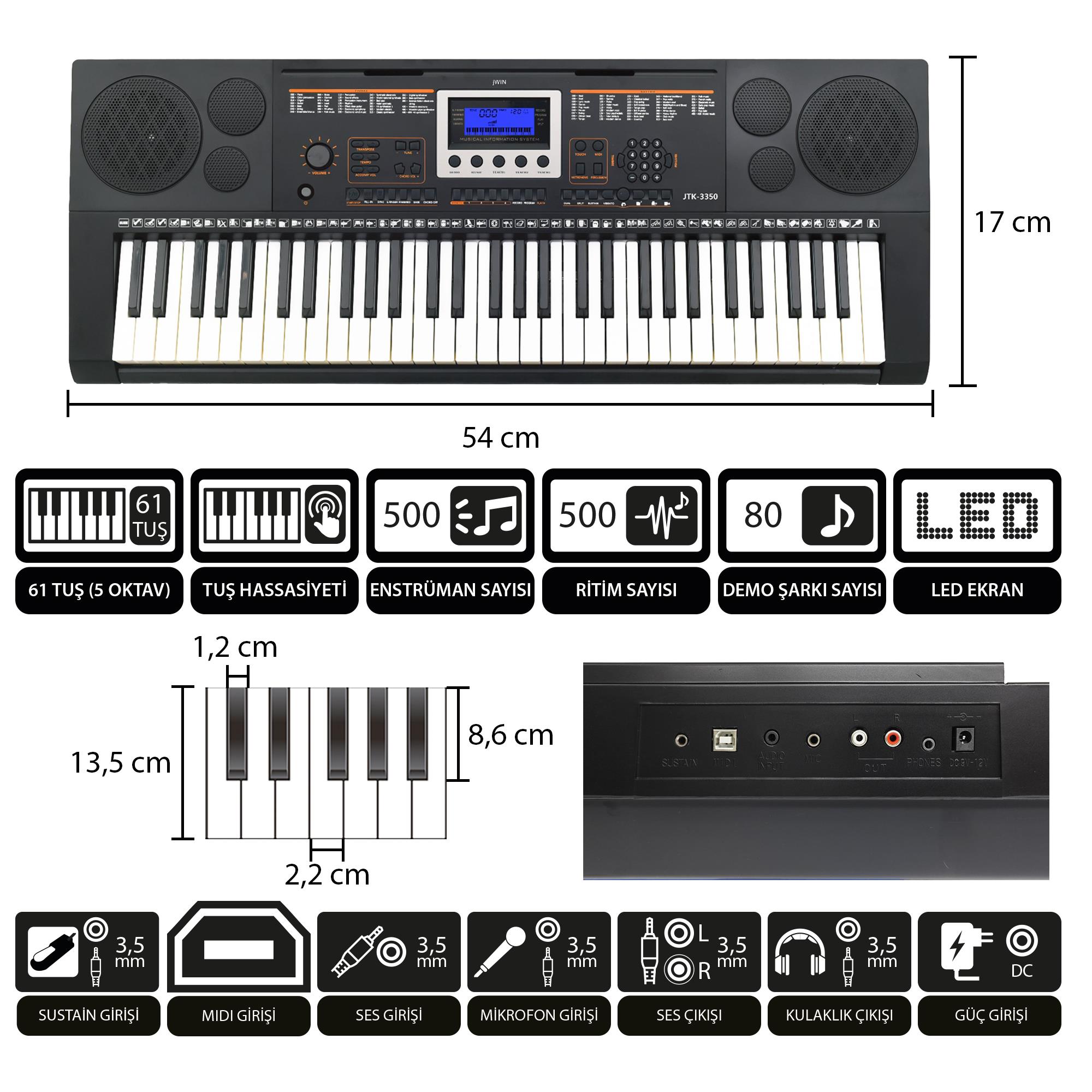 Jwin JTK-3350 61 Tuş Hassasiyetli 5 Oktav Org (Adaptör Hediye)