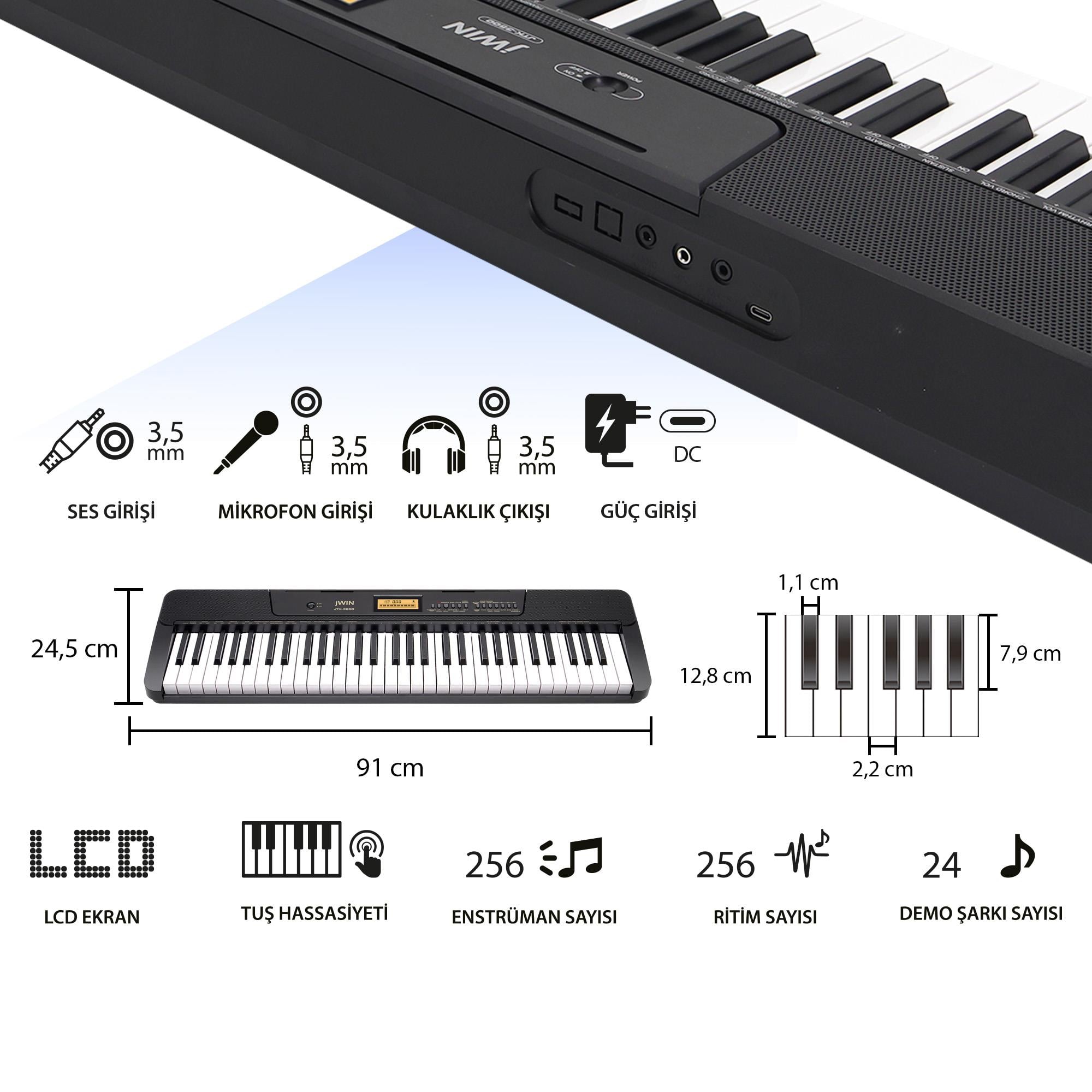 Jwin JTK-3500 61 Tuş Hassasiyetli 5 Oktav Org Seti - Siyah