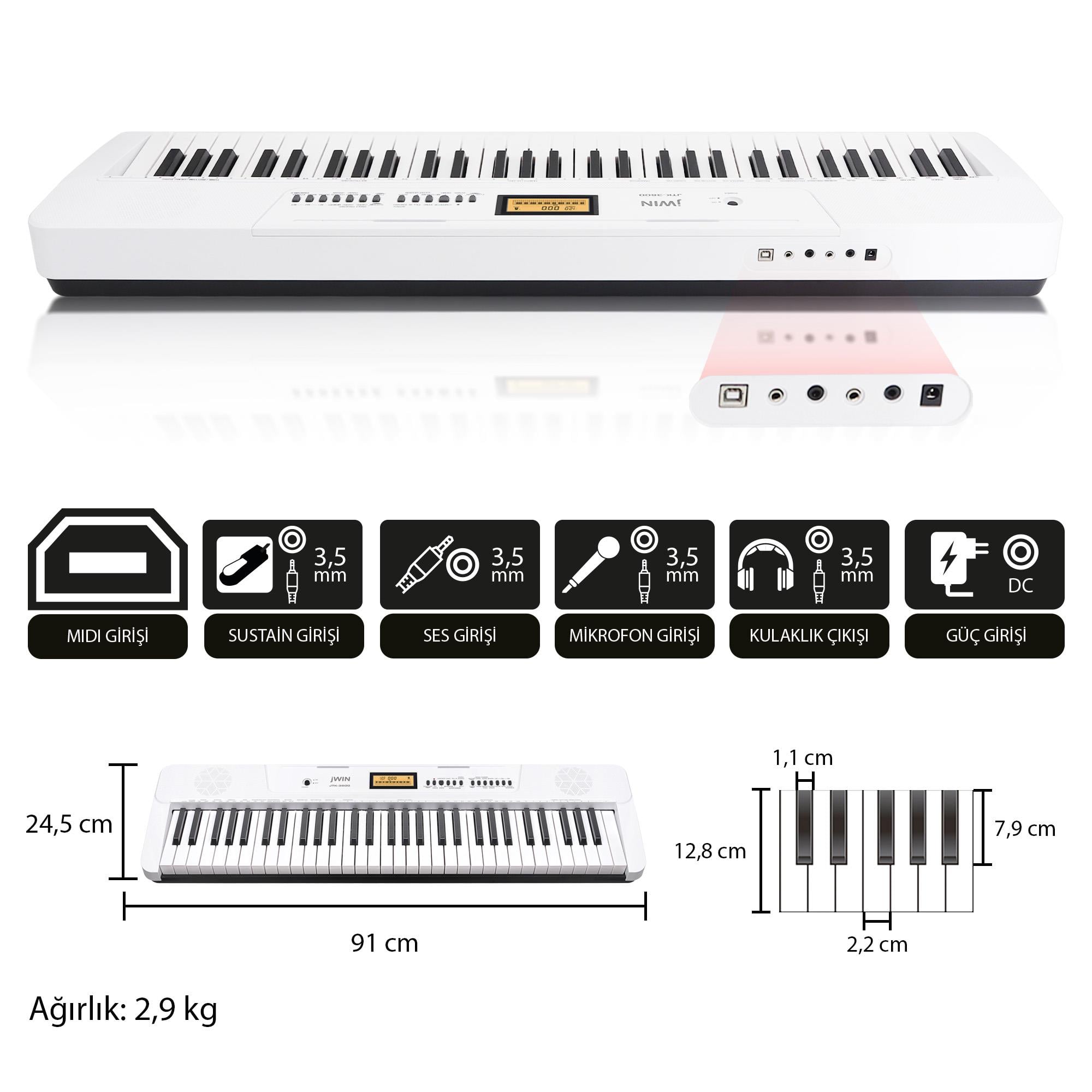 Jwin JTK-3600 61 Tuş Hassasiyetli 5 Oktav Org Seti - Beyaz