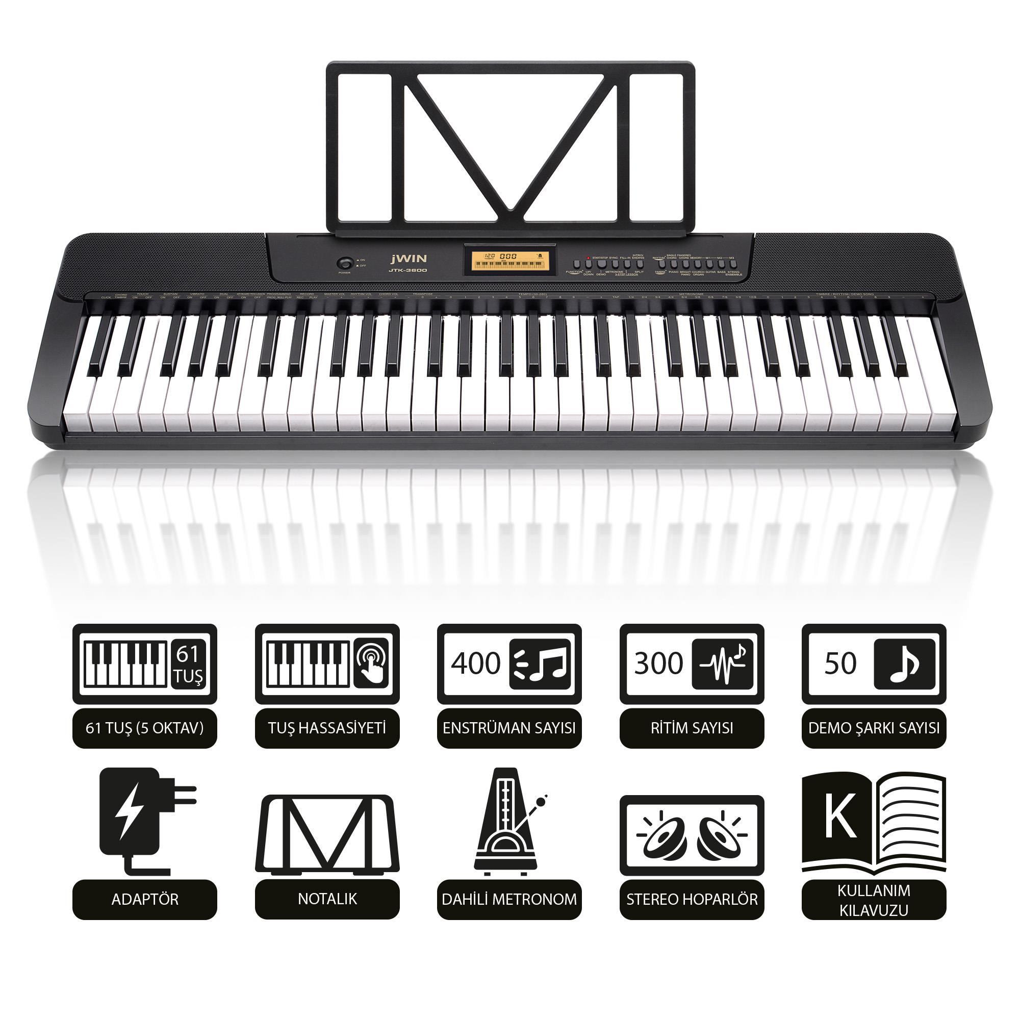 Jwin JTK-3600 61 Tuş Hassasiyetli 5 Oktav Org Seti - Siyah