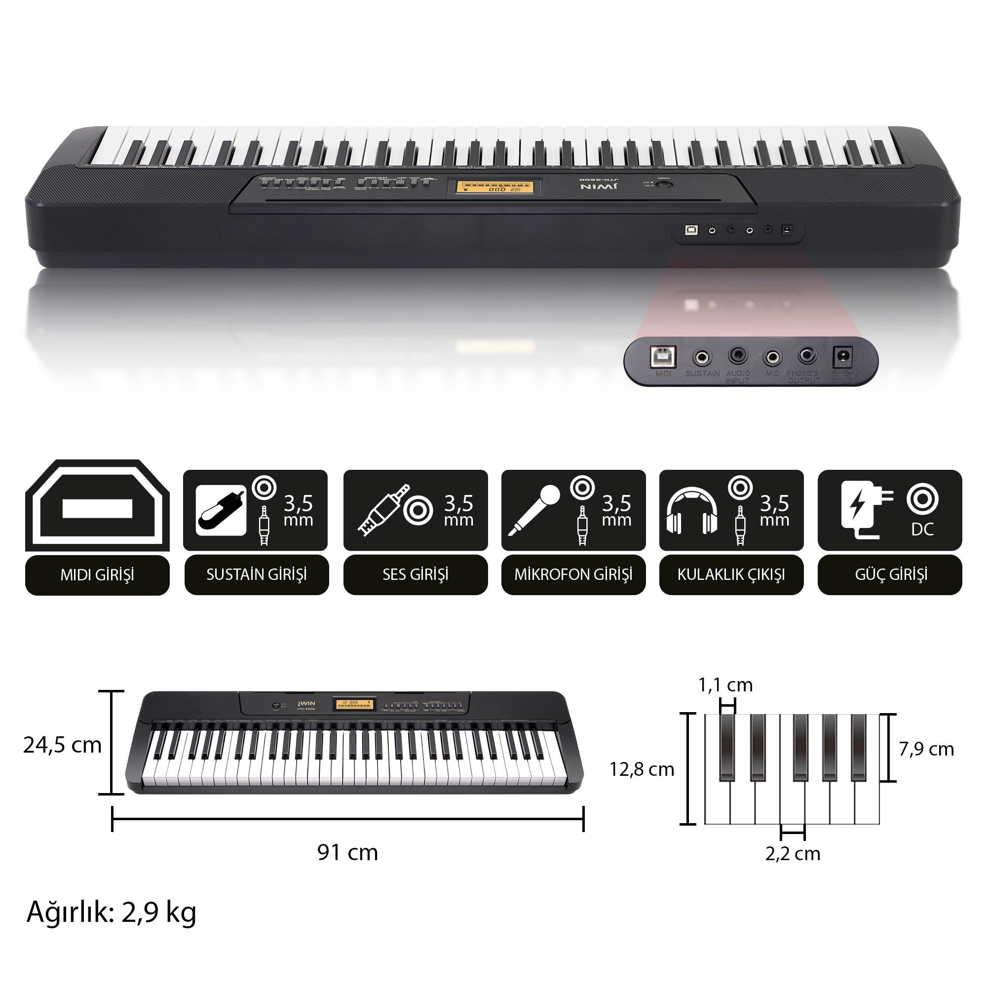 Jwin JTK-3600 61 Tuş Hassasiyetli 5 Oktav Org - Siyah