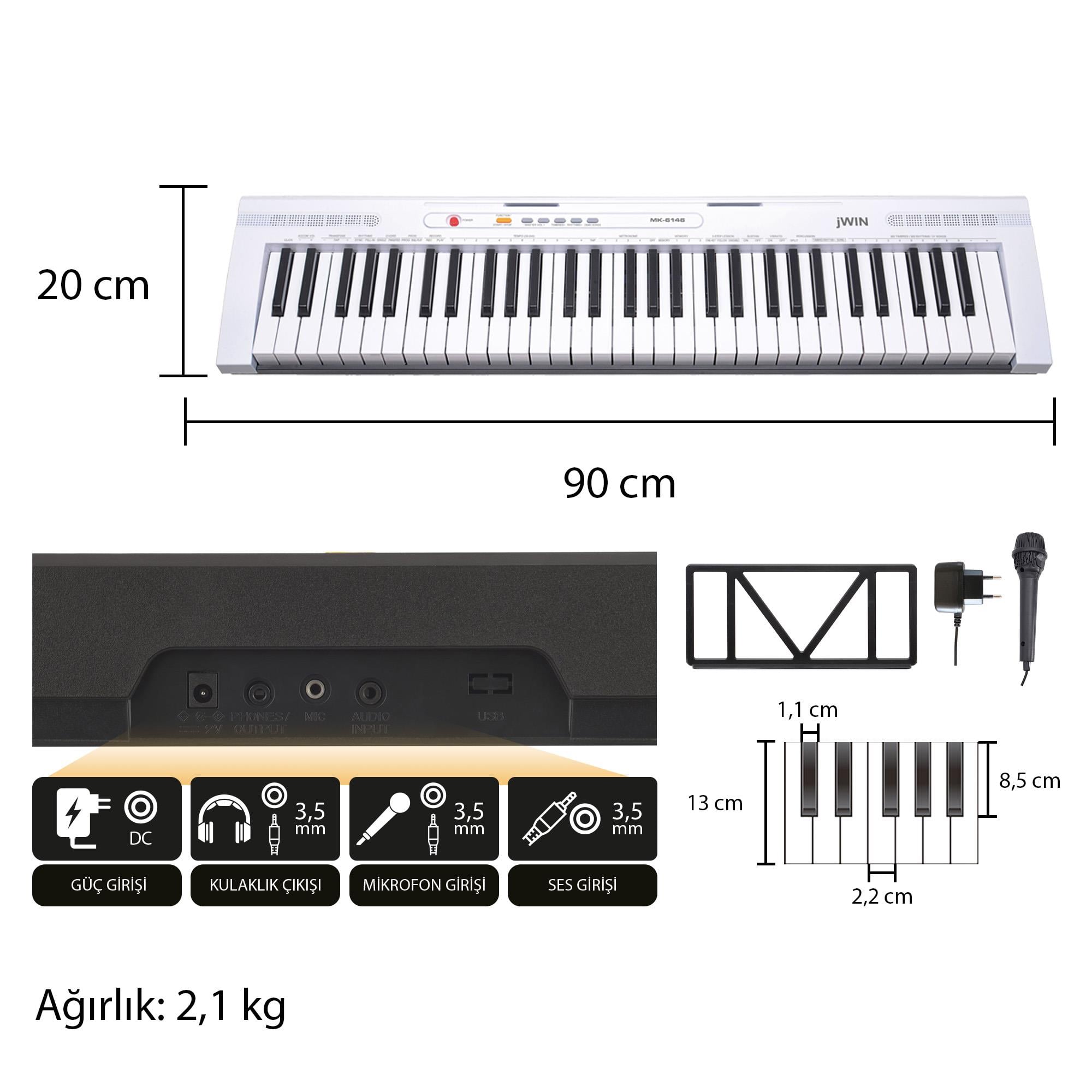 Jwin MK-6146 61 Tuşlu Elektronik Org (Mikrofon ve Adaptör Hediye) - Beyaz