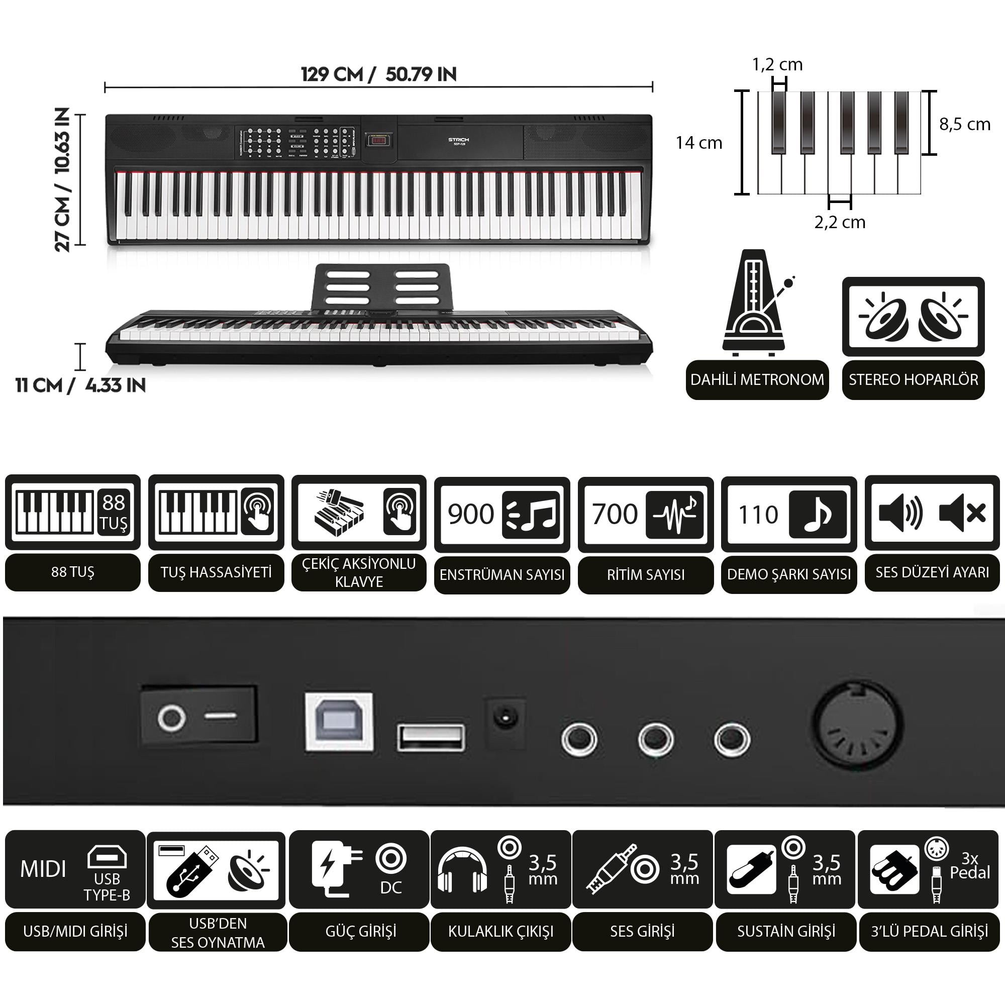Jwin Sapphire SDP-112 Çekiç Aksiyonlu 88 Tuşlu Dijital Piyano Taşıma Çantası Hediyeli + Tabure