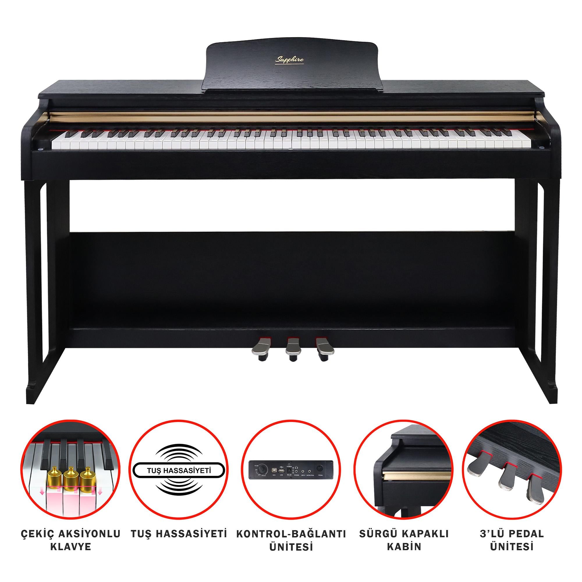 Jwin Sapphire SDP-214 Çekiç Aksiyonlu 88 Tuşlu Dijital Piyano - Siyah