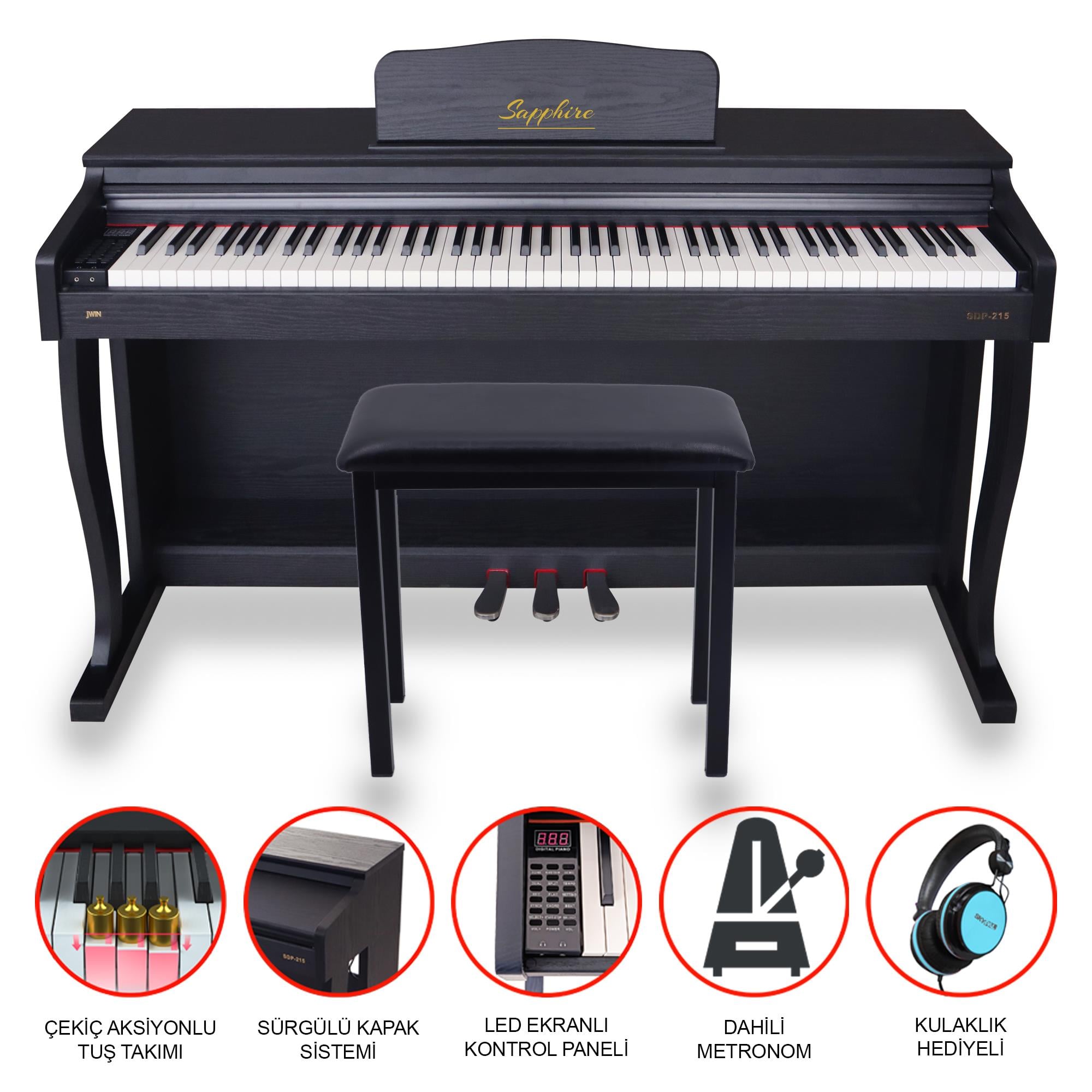 Jwin Sapphire SDP-215 Çekiç Aksiyonlu 88 Tuşlu Dijital Piyano + Tabure - Siyah