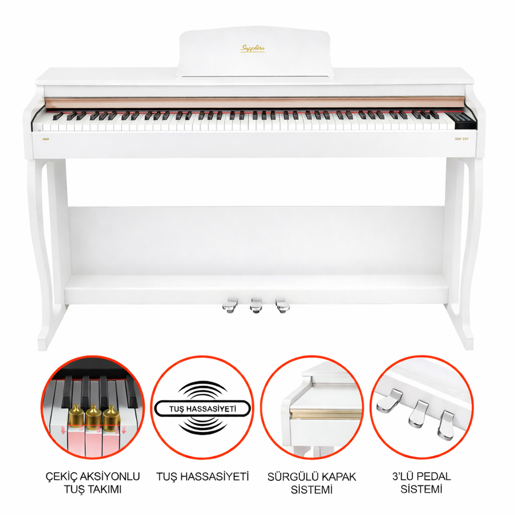 Jwin Sapphire SDP-215 Çekiç Aksiyonlu 88 Tuşlu Dijital Piyano + Tabure - Beyaz
