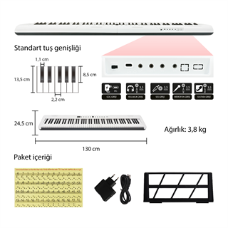 Jwin JDP-3088 Tuş Hassasiyetli 88 Tuşlu Dijital Piyano - Beyaz