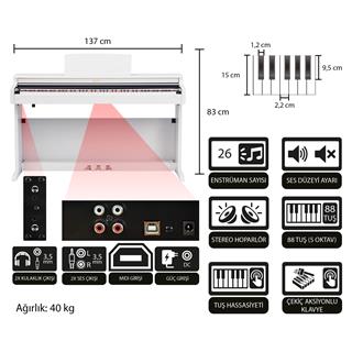 Jwin Sapphire SDP-400 Çekiç Aksiyonlu 88 Tuşlu Dijital Piyano - Beyaz