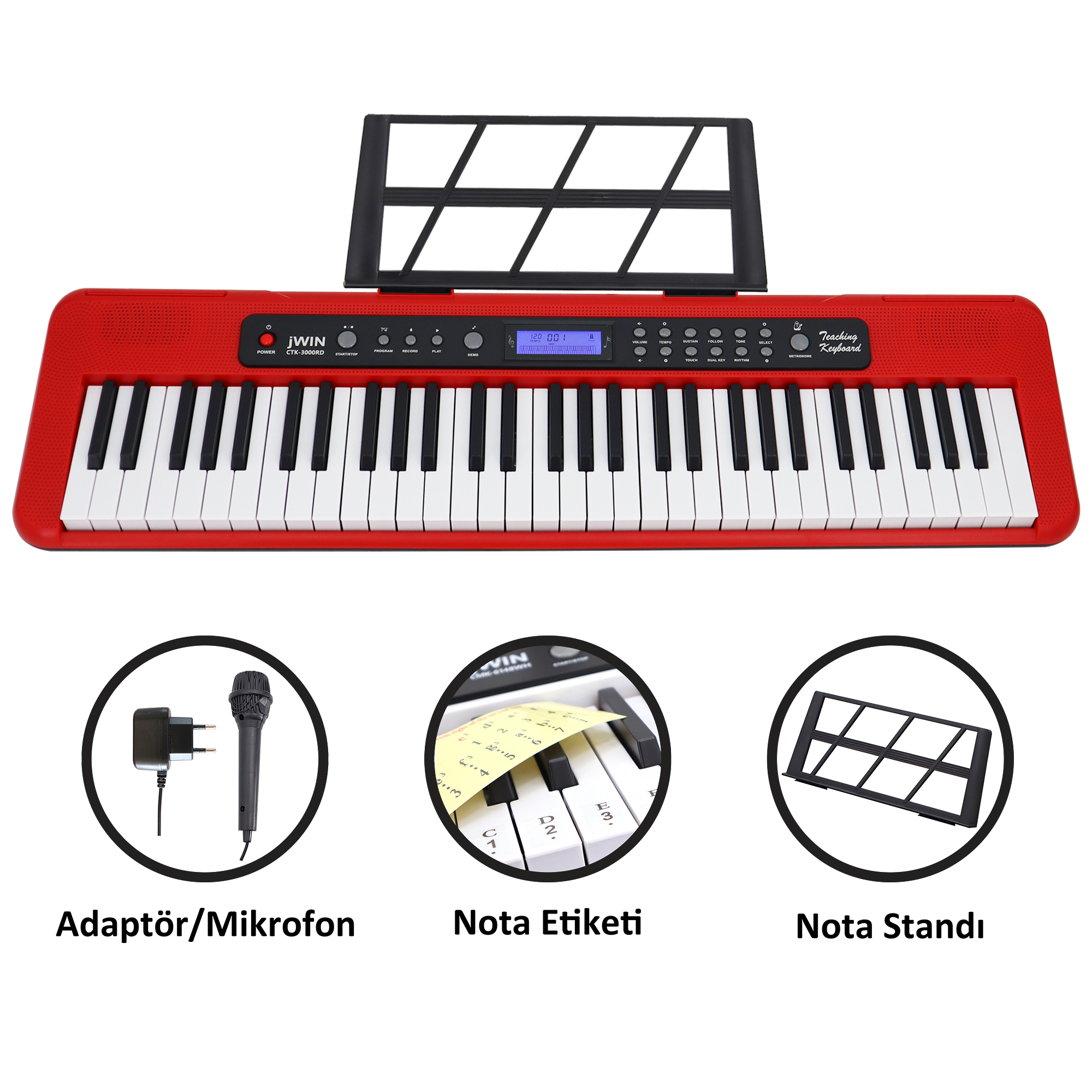 jWIN CTK-3000 61 Tuş Hassasiyetli Org (5 Oktav) - Kırmızı