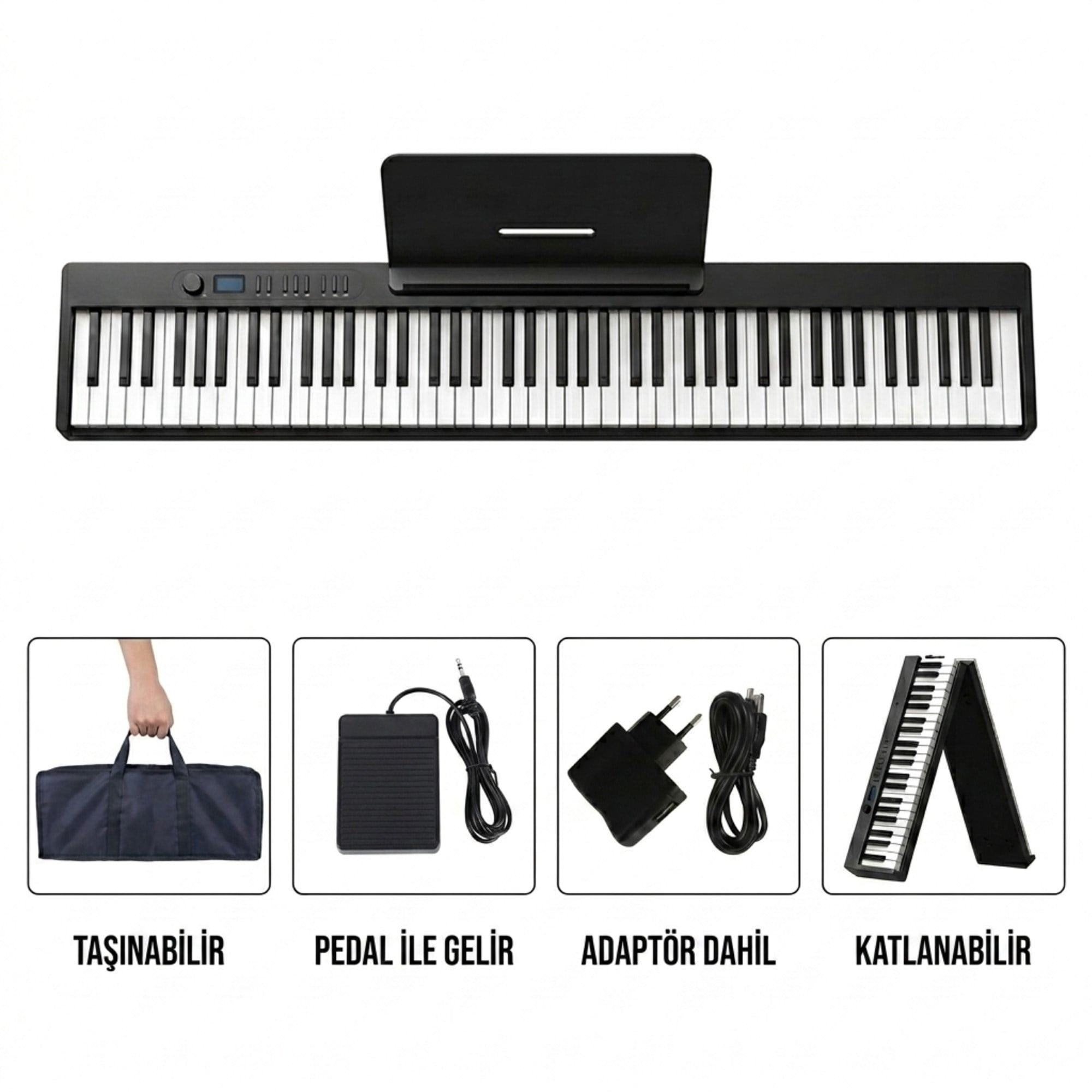 Jwin JDP-8840 Tuş Hassasiyetli Katlanabilir Bluetooth + Şarjlı Piyano - Siyah