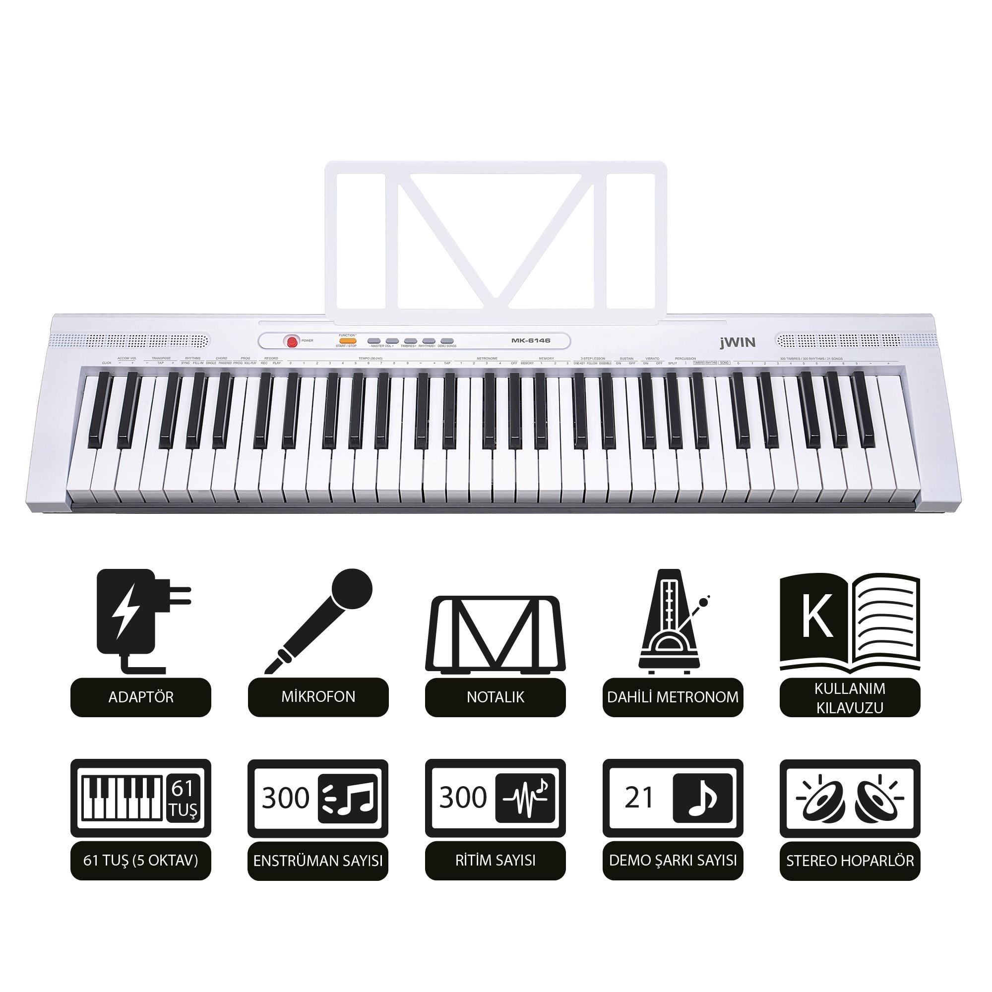 Jwin MK-6146 61 Tuşlu Elektronik Org (Etiket. Mikrofon ve Adaptör Hediye) - Beyaz