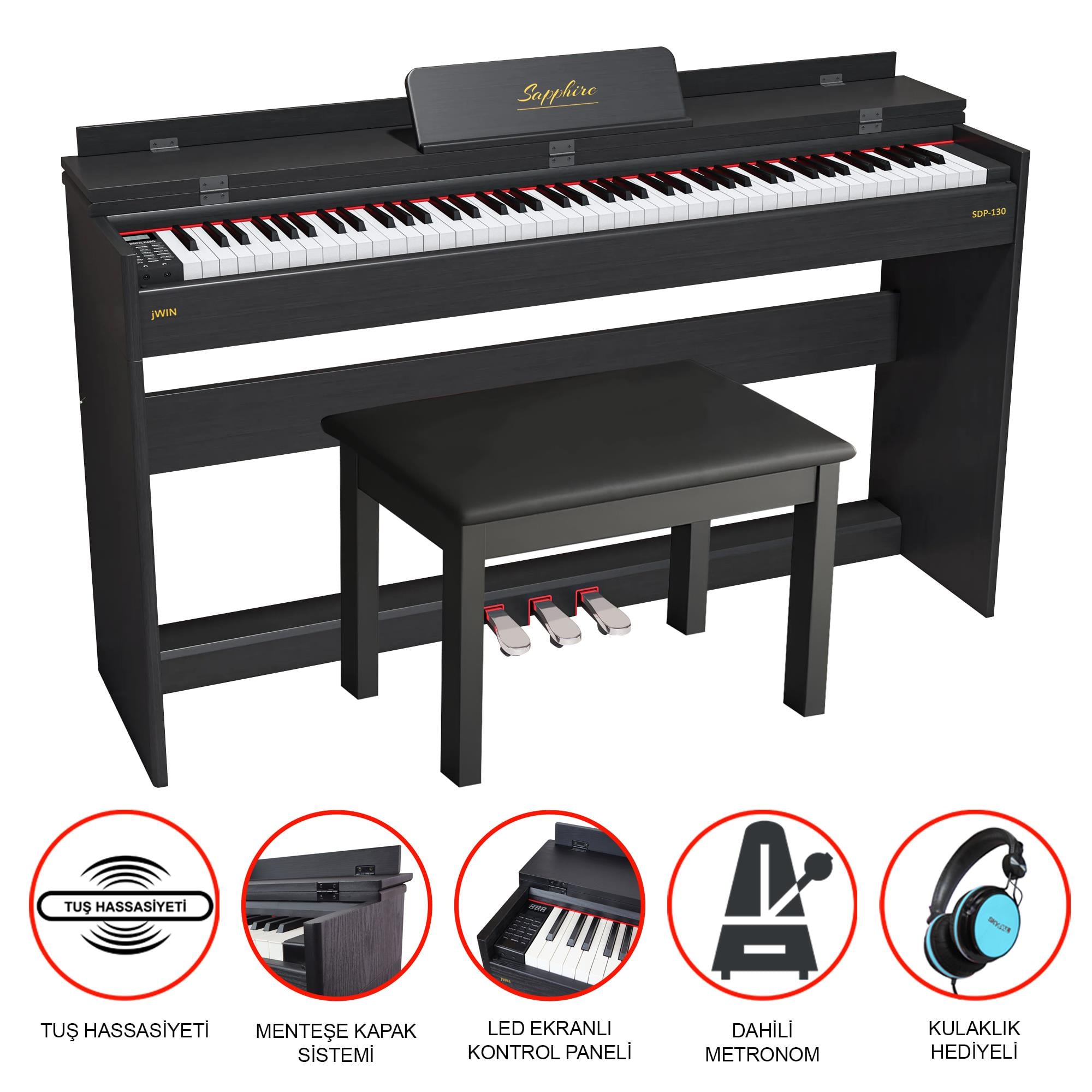 Jwin Sapphire SDP-130 Tuş Hassasiyetli 88 Tuşlu Dijital Piyano - Siyah + Tabure