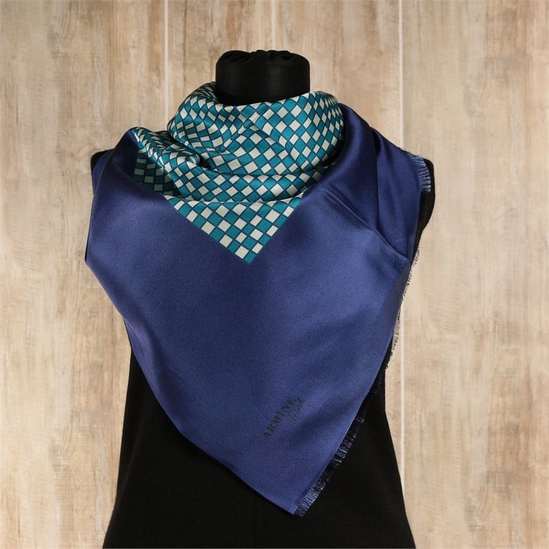 Armine Trend Dijital Baskılı Tafta Eşarp - Geometrik Desen, Kareli - 2170 B15 - Saks Mavi