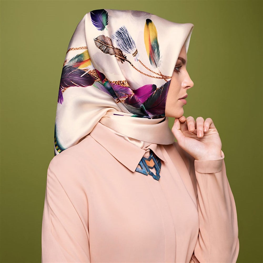 Armine İpek Eşarp - Nostalji Serisi - 7409D 04 - Sura - Kuş Tüyü Modeli, Krem