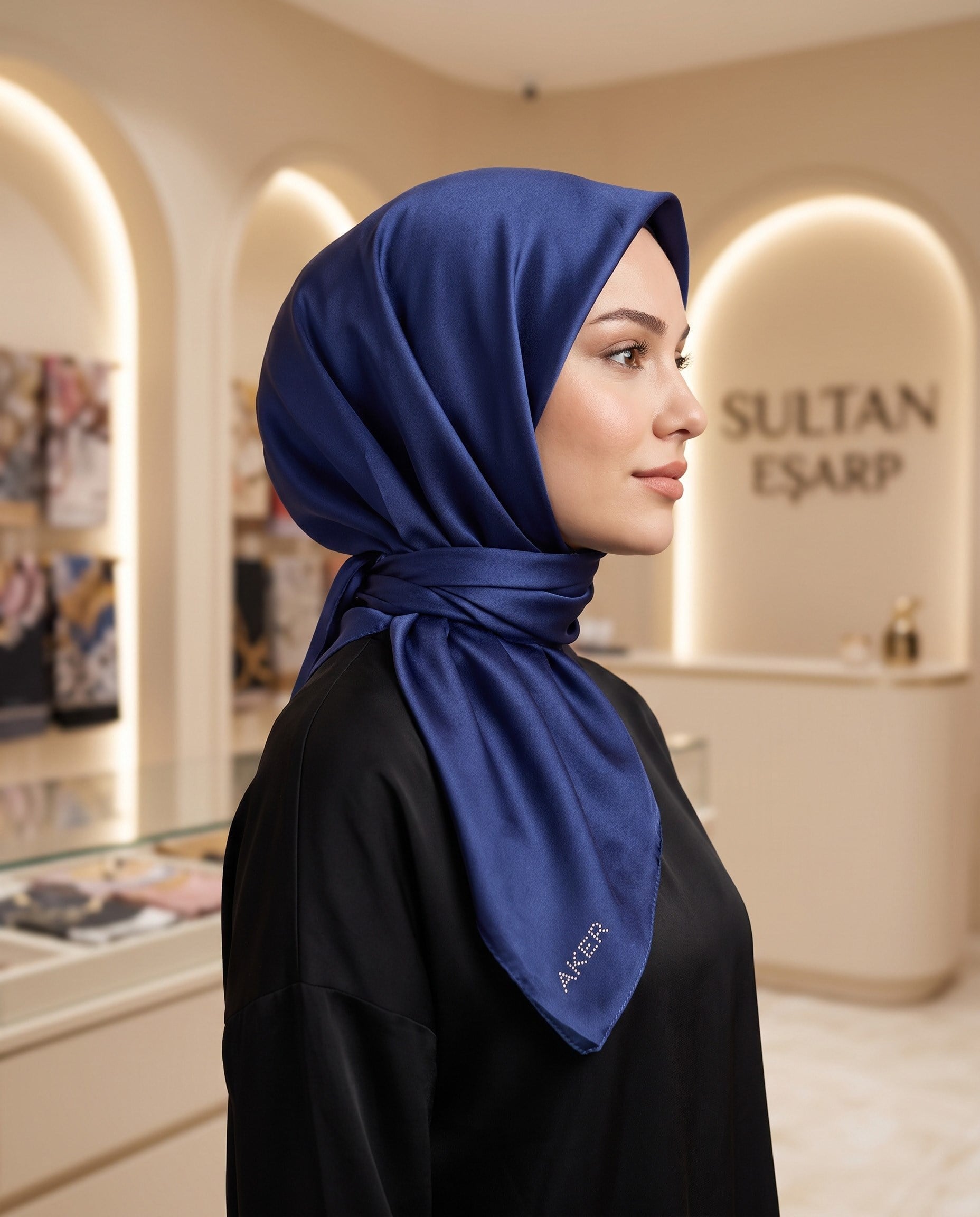 Aker Kristal Eşarp - Düz Renk - Taş İşleme Logolu - 922 - Açık Lacivert